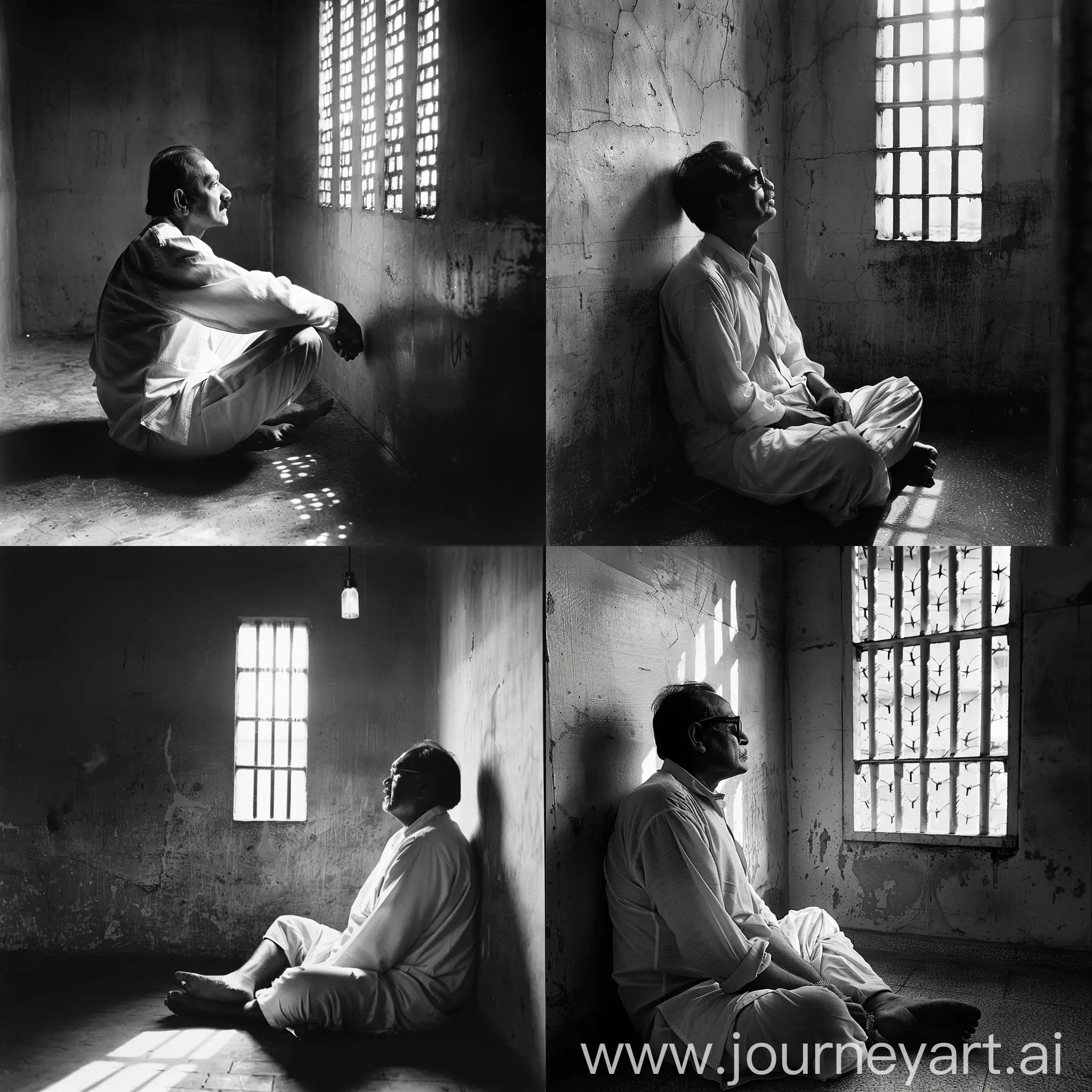 Bangabandhu Sheikh Mujibur Rahman in the jail, sitting on the floor looking out the small window on the wall devastatingly as the sunlight comes in