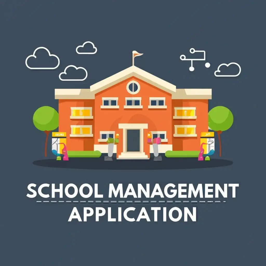 logo, School building with digital interface, with the text "School Management Application", typography