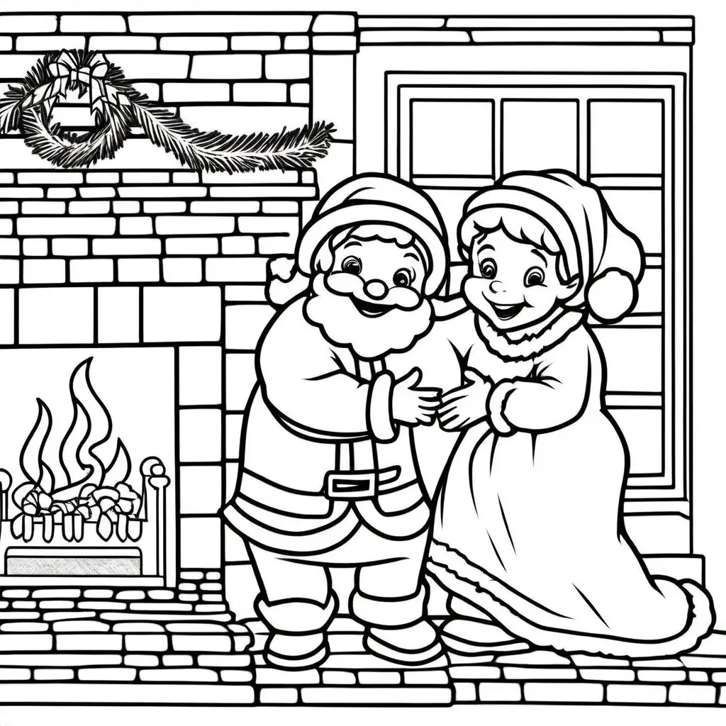 Joyful Reunion Mrs Claus and Santa Embrace by the Fireplace Coloring Page