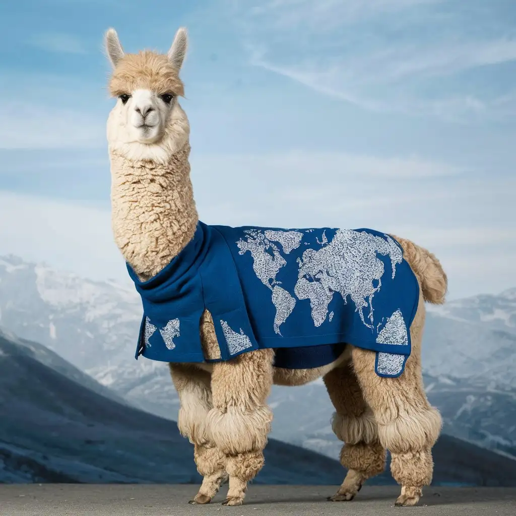 Majestic-Alpaca-Wearing-World-Map-Patterned-Cape-in-Profile