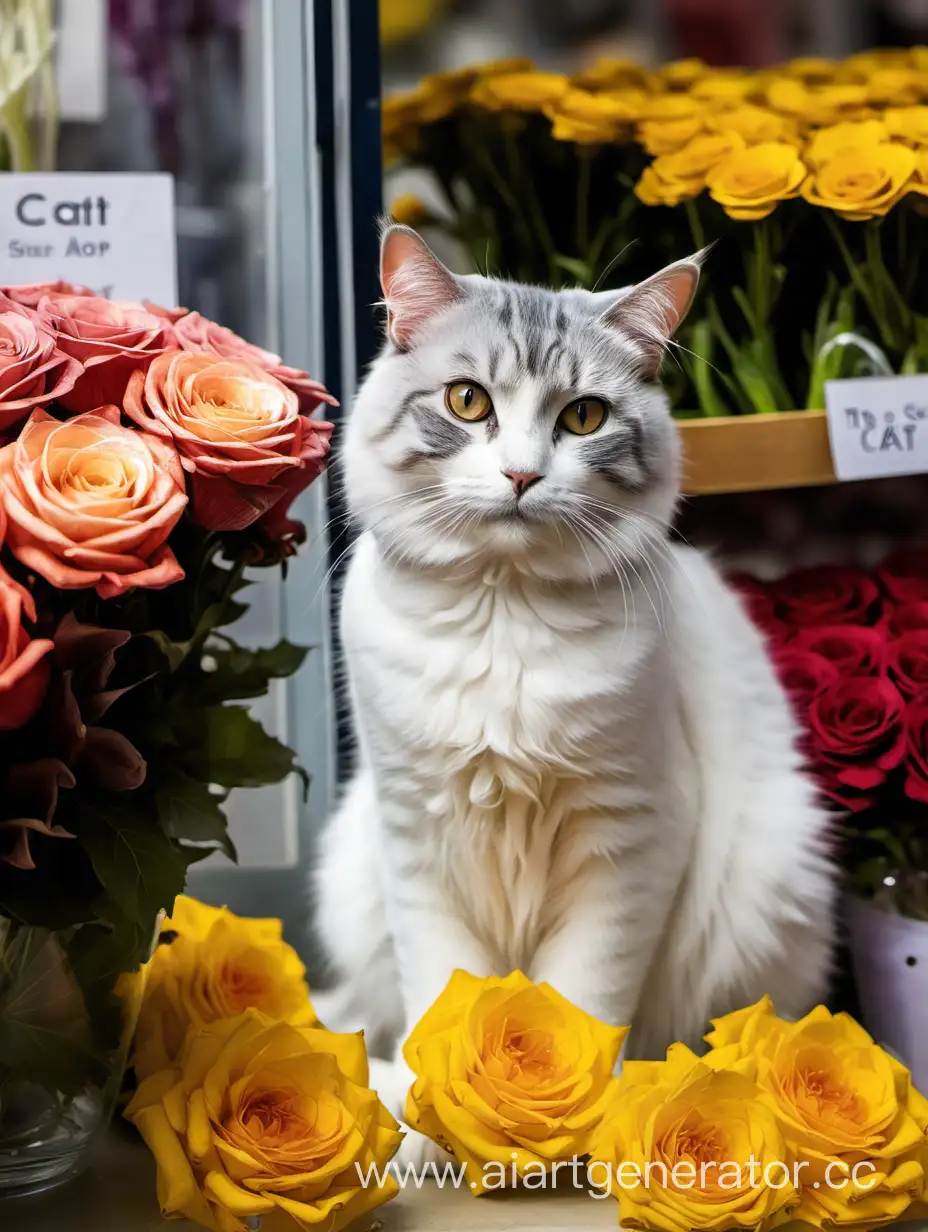 Кот продавец в цветочном магазине