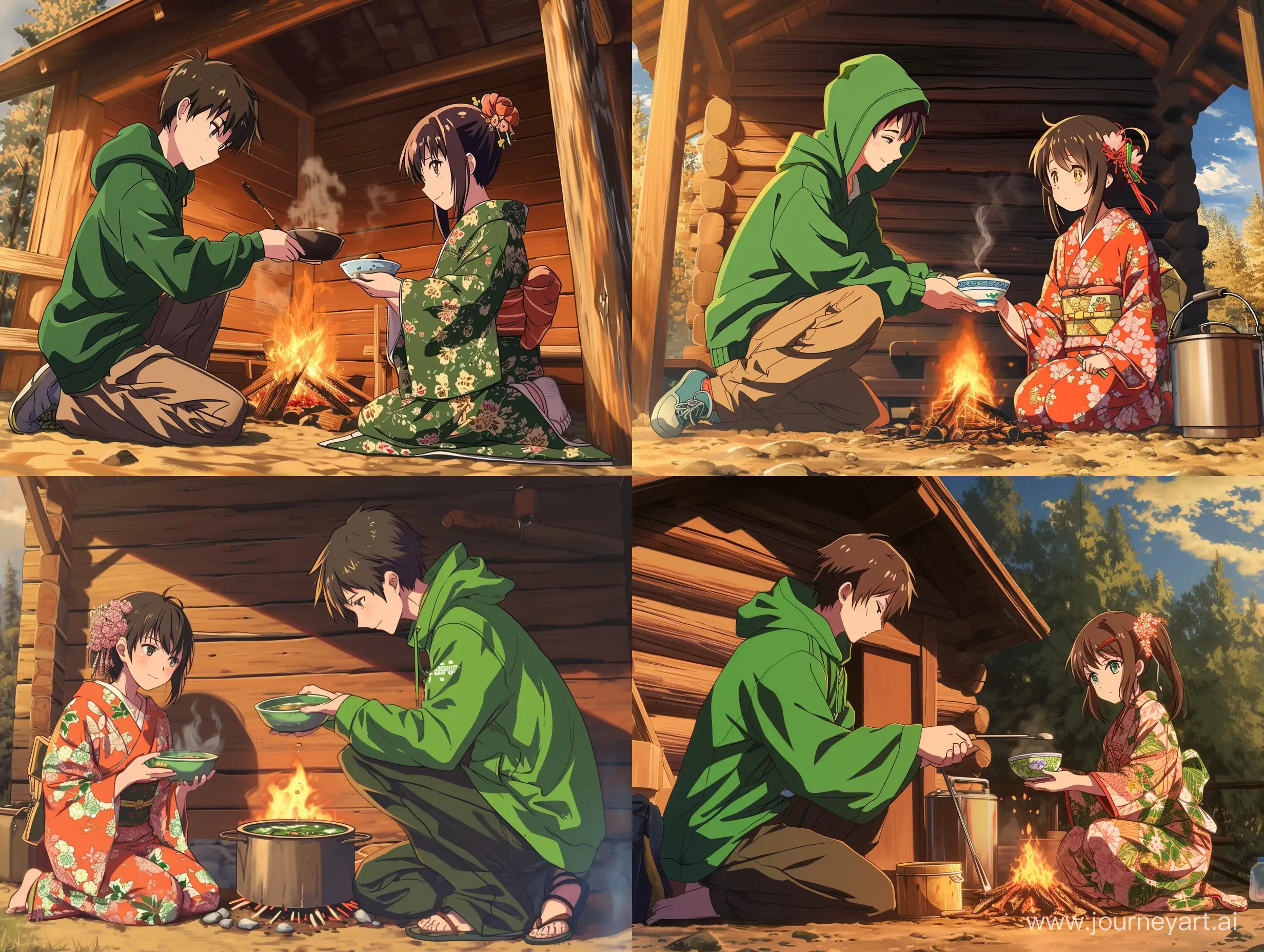 an anime scene, a 18 years old boy in green hoodie and a girl in kimono sit on the ground, wooden cabin, the boy give the girl a bowl of soup, there is a campfire and a hotpot on it, best quality, cinematic angle shot --v 6 --ar 4:3
