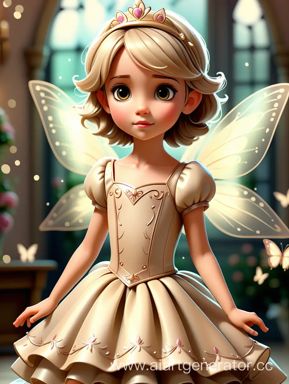 принцесса девочка 5 лет красивое пышное платье короткие светлые волосы фон сказочный бежевый блики