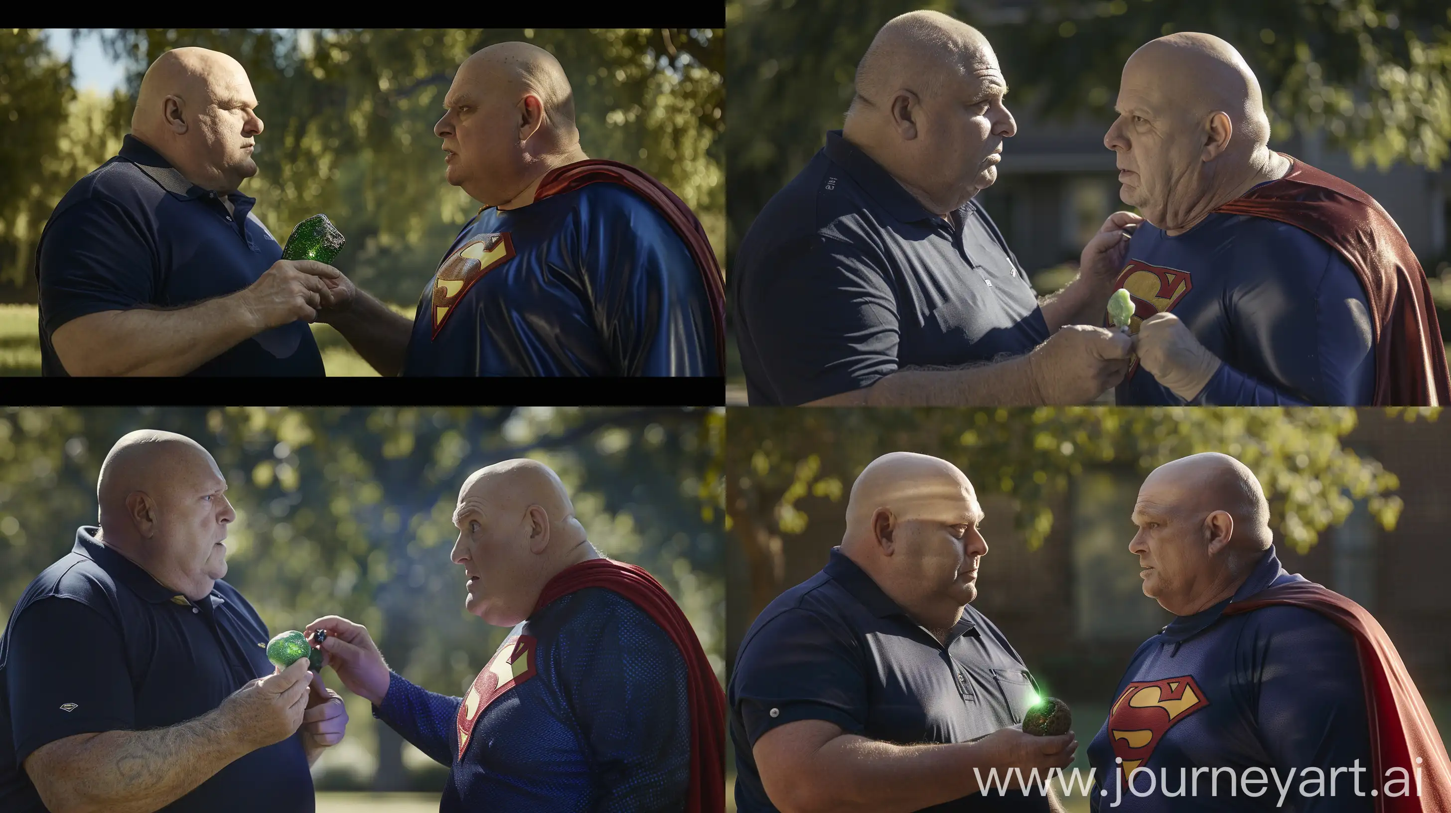 Close-up action photo of two fat men aged 60 facing each other. The man on the left is wearing a silk navy blue sport polo shirt and holding a small bright green glowing rock. The man on the right is wearing a silk navy blue tight superman jumpsuit with a large red cape. Outside. Bald. Clean Shaven. Natural light. --ar 16:9
