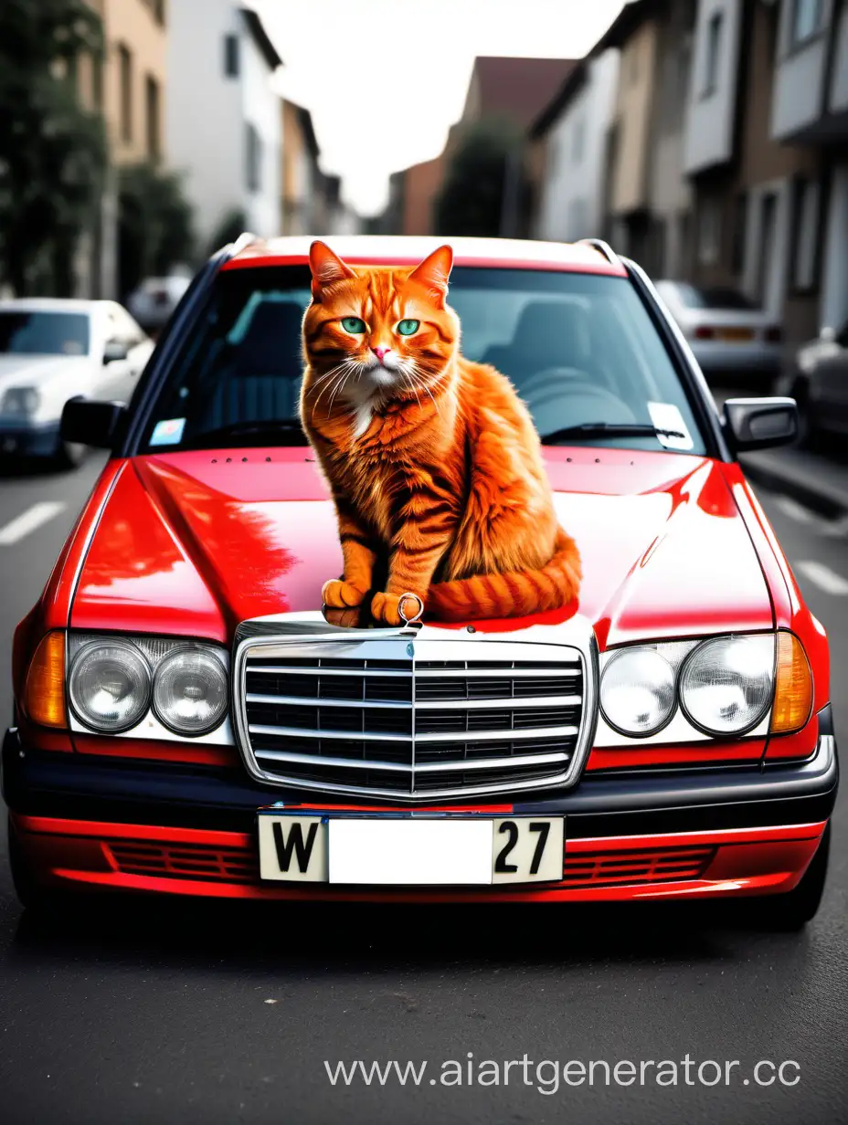 Рыжий кот сидит на тюнингованно  Mercedes w124 мультяшно