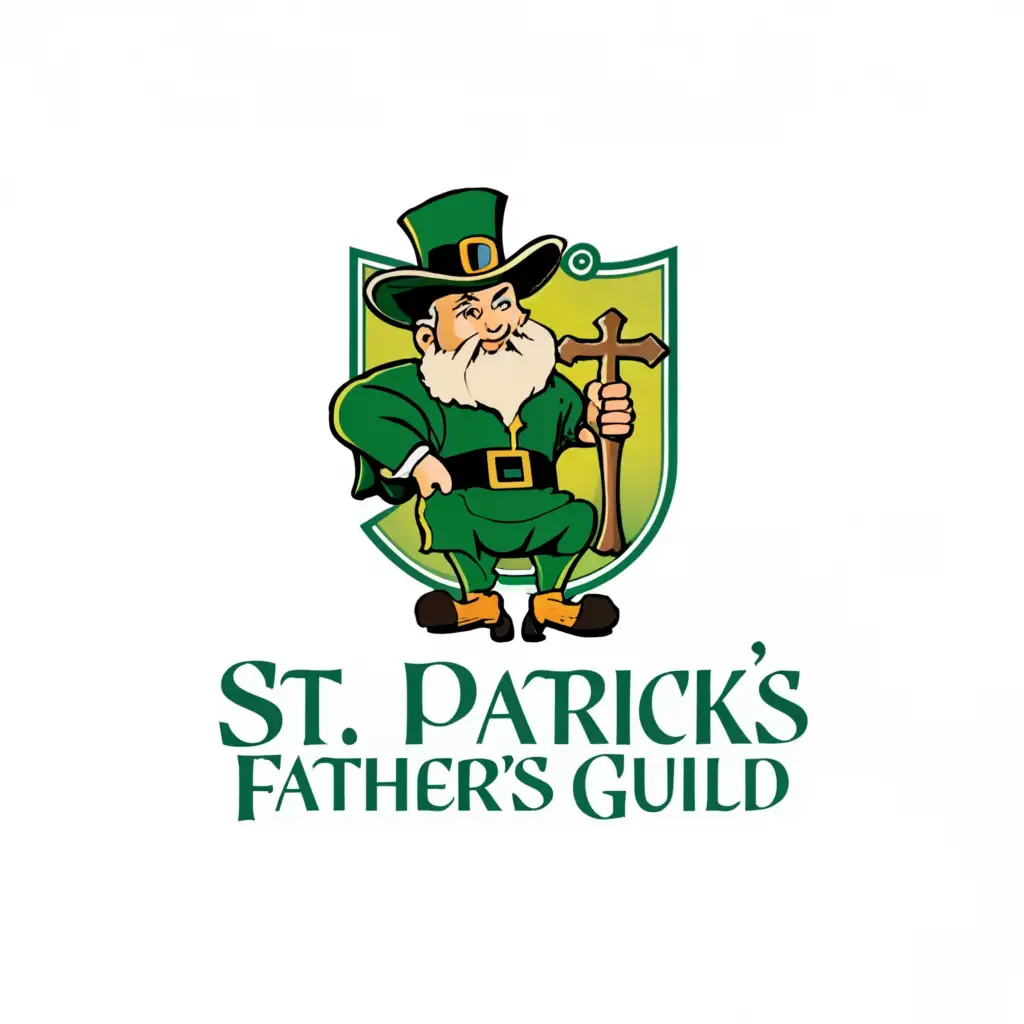 a logo design,with the text "St. Patrick's Father's Guild", main symbol:St. Patrick, Leprechaun, Shield,Moderate,be used in Education industry,clear background