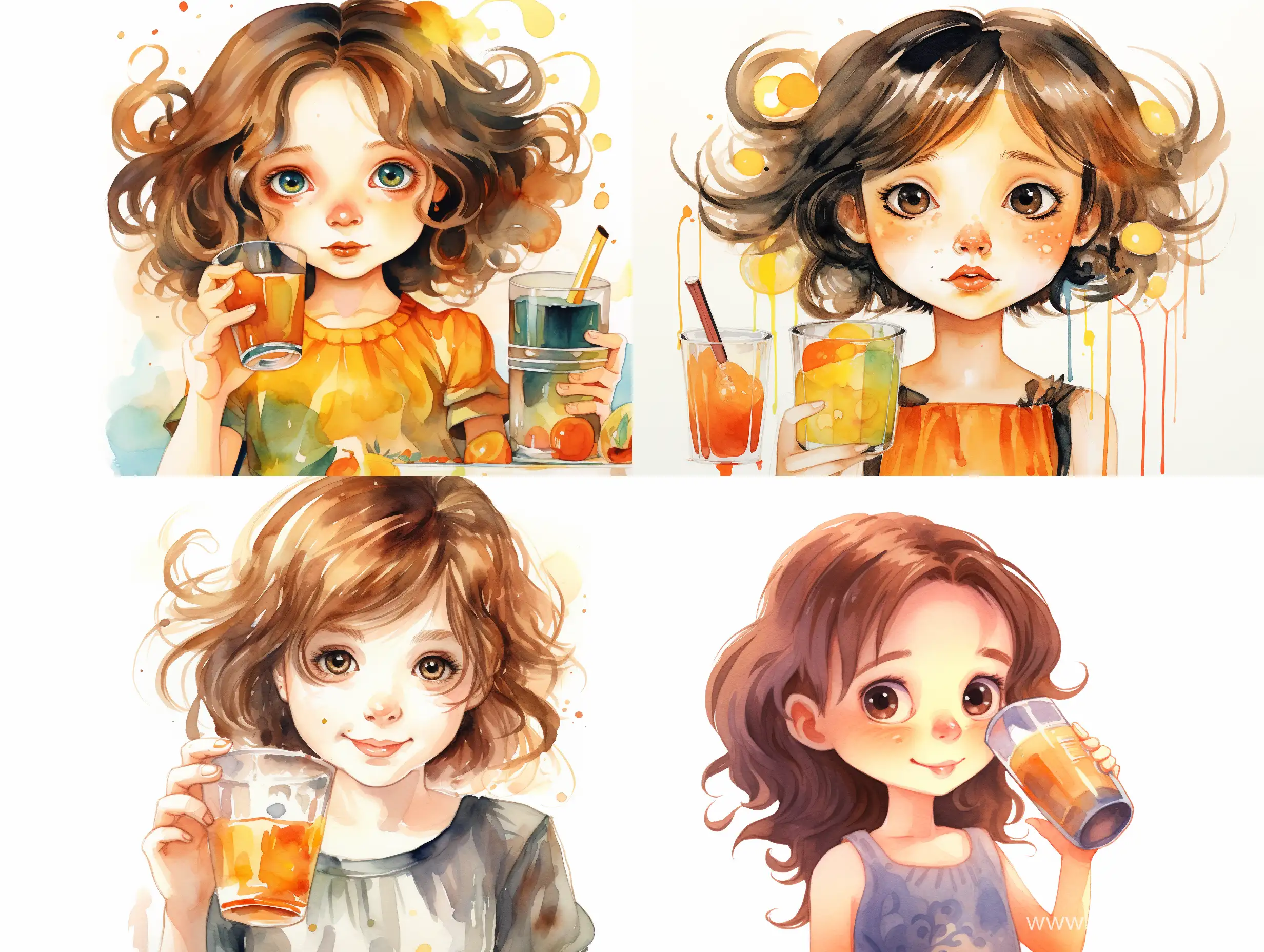 A three-year-old girl, light brown hair above her shoulders, with brown eyes, long eyelashes, small mouth, thin lips, drinks orange juice from a bottle with a nipple,stylized caricature, decorative, flat illustration, on a white background, watercolor, ink, Victor Ngai style, bright colors