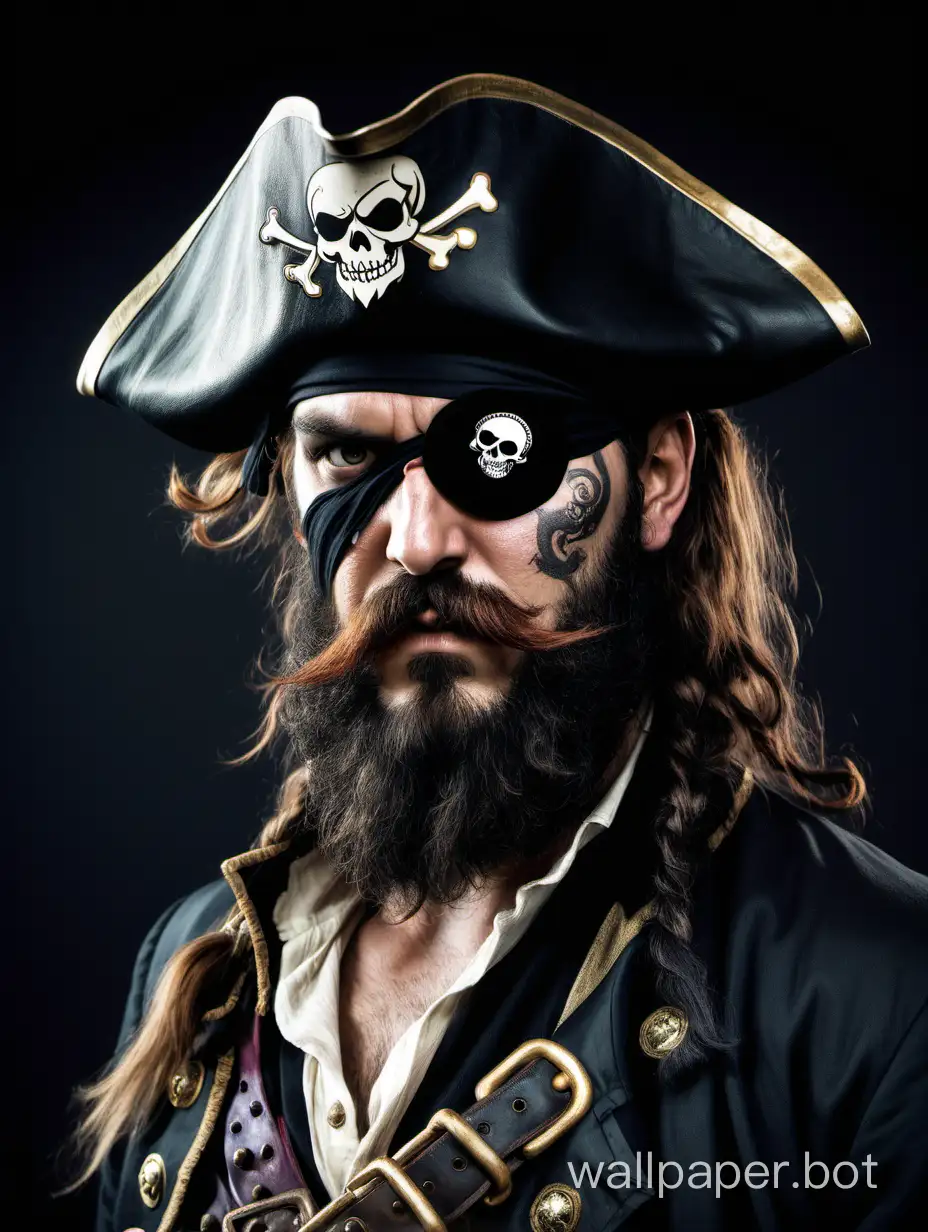 a gruff bearded male pirate wearing an eye patch stares at you