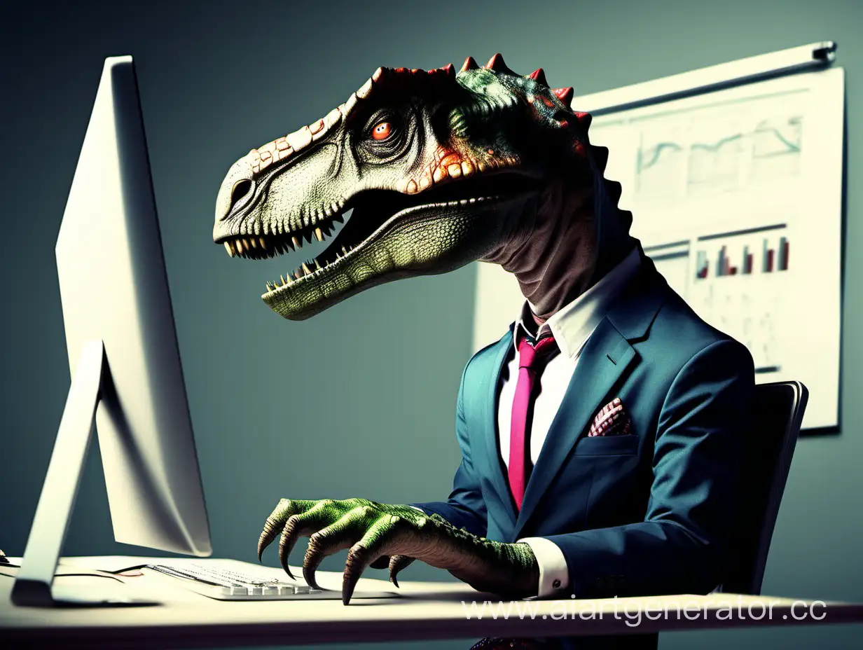 A dinosaur in a business suit is working at a computer in a graphic design studio