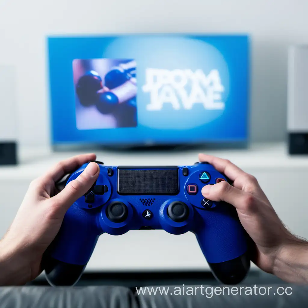 hands with a PS4 joystick. The joystick is blue. The room is white. Hands in front of a large television.