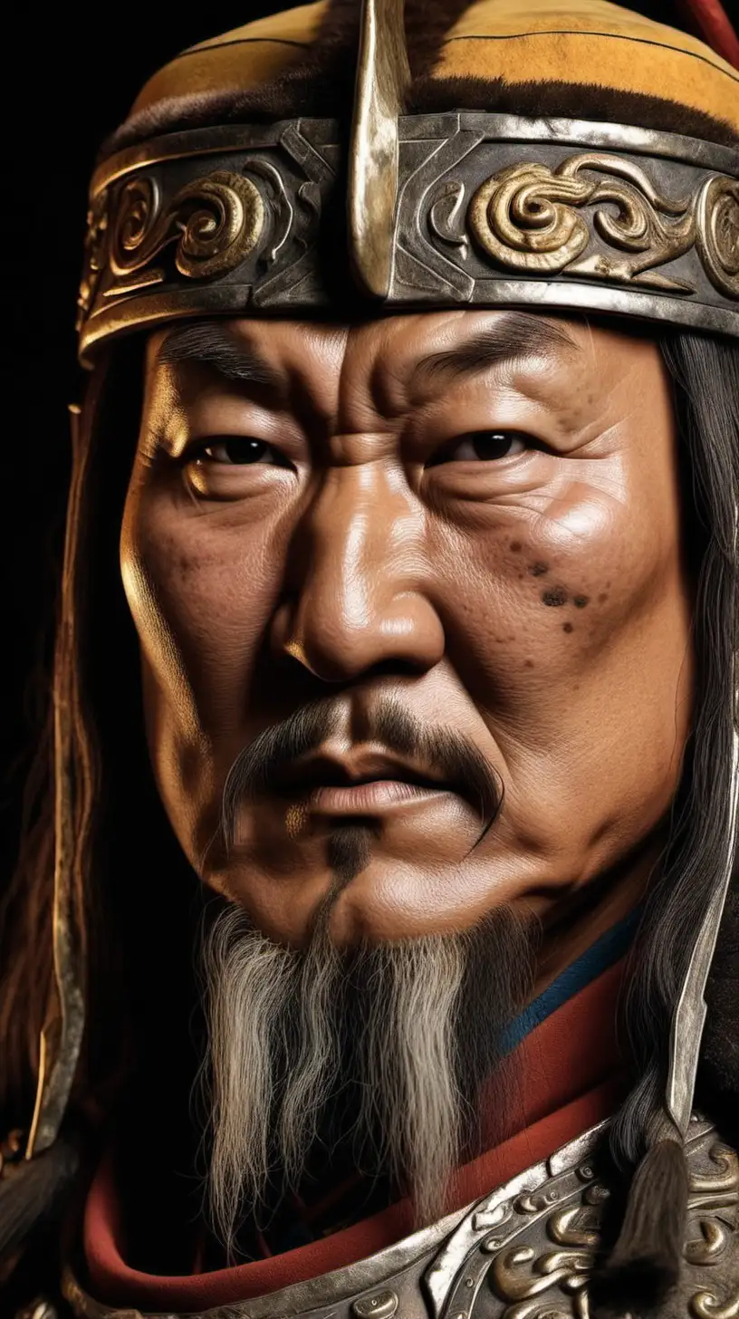 Show the face of Genghis Khan close-up. Make the background of the picture a little dark
