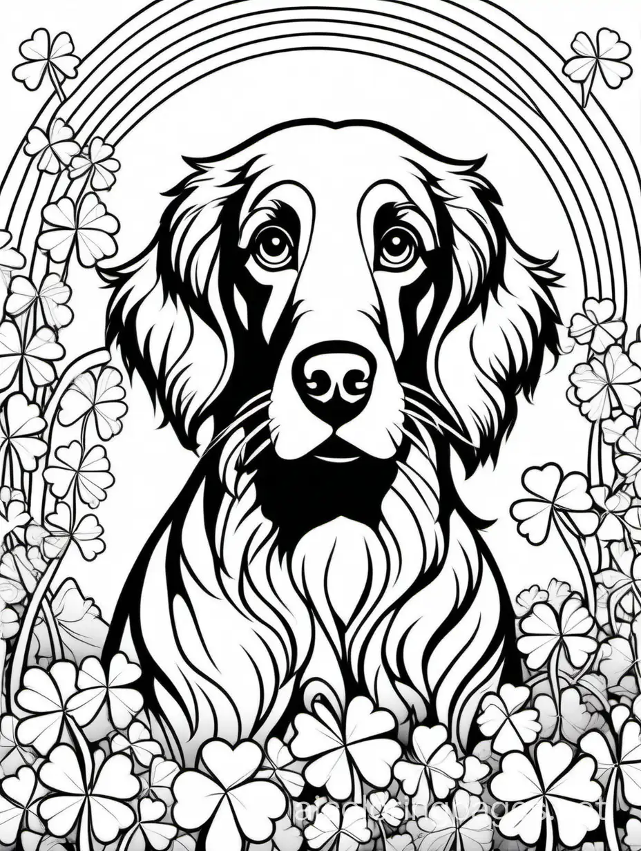 Irish setter with a rainbow and shamrocks in the background, Lisa Frank style, Coloring Page, black and white, line art, white background, Simplicity, Ample White Space. The background of the coloring page is plain white to make it easy for young children to color within the lines. The outlines of all the subjects are easy to distinguish, making it simple for kids to color without too much difficulty., Coloring Page, black and white, line art, white background, Simplicity, Ample White Space. The background of the coloring page is plain white to make it easy for young children to color within the lines. The outlines of all the subjects are easy to distinguish, making it simple for kids to color without too much difficulty