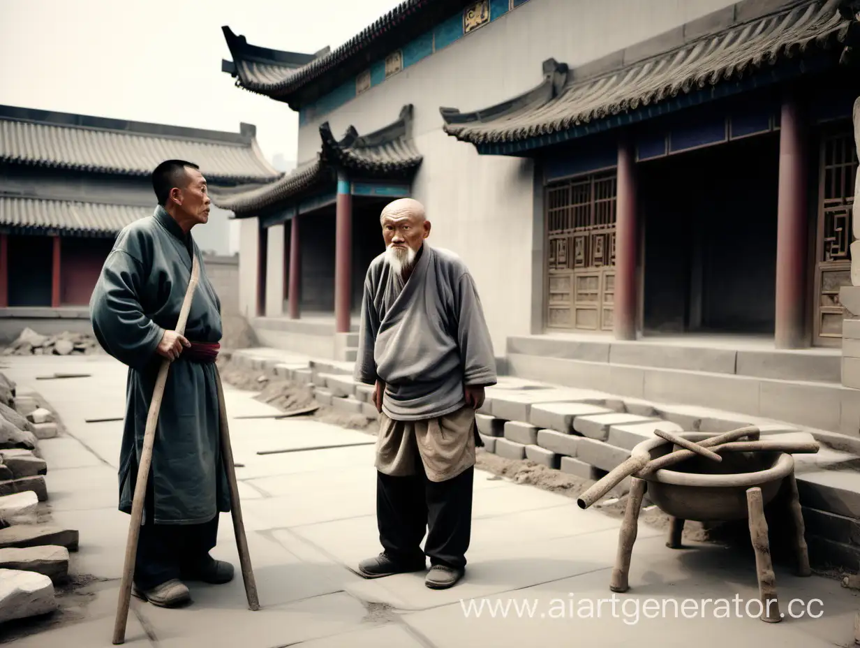 сгорбившийся старик рядом с ним стоит мужчина стройка китай древние времена