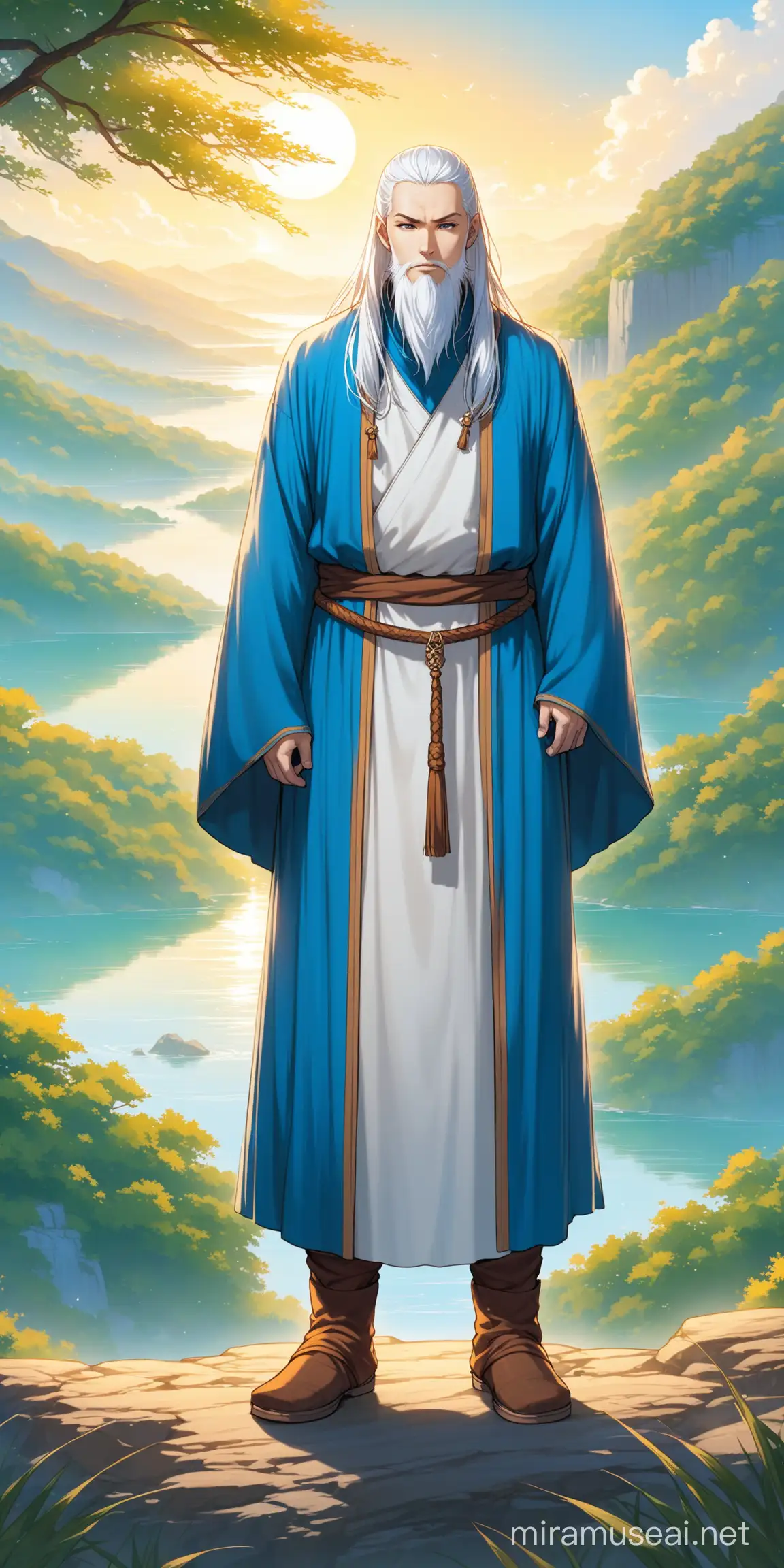 Calm Warrior Monk Standing in Nature with White and Blue Robe