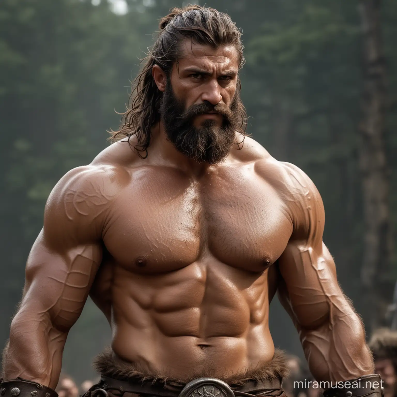 Barbarian Warrior with Untamed Hair and Muscular Build