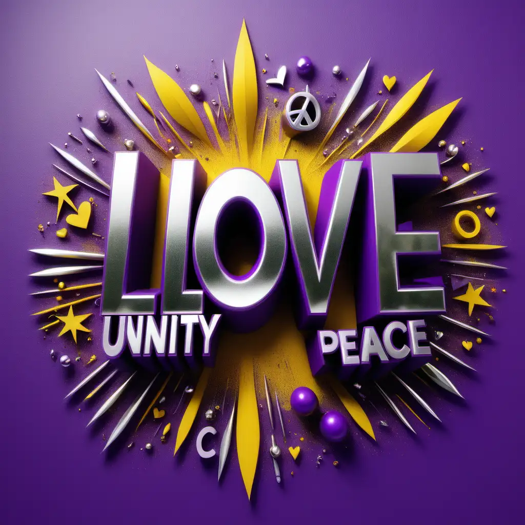 The name “LOVE UNITY PEACE” the words “JARA SPEAKS” typography correctly in  purple silver yellow colors bursting from a peace sign 