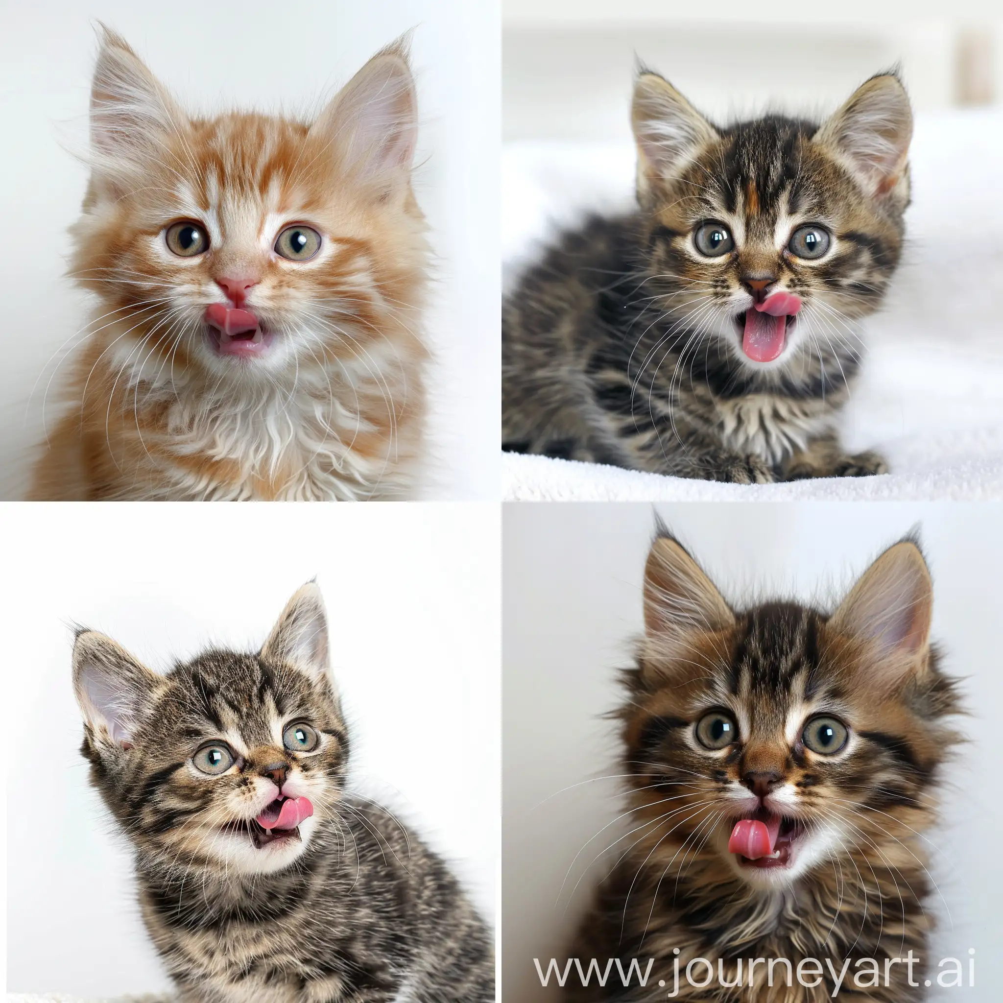 Realistic closeup photo of a cute kitten sticking tongue out, playful expression, white background, high quality, detailed fur, realistic, cute, playful, closeup, tongue out, white background, highres, professional