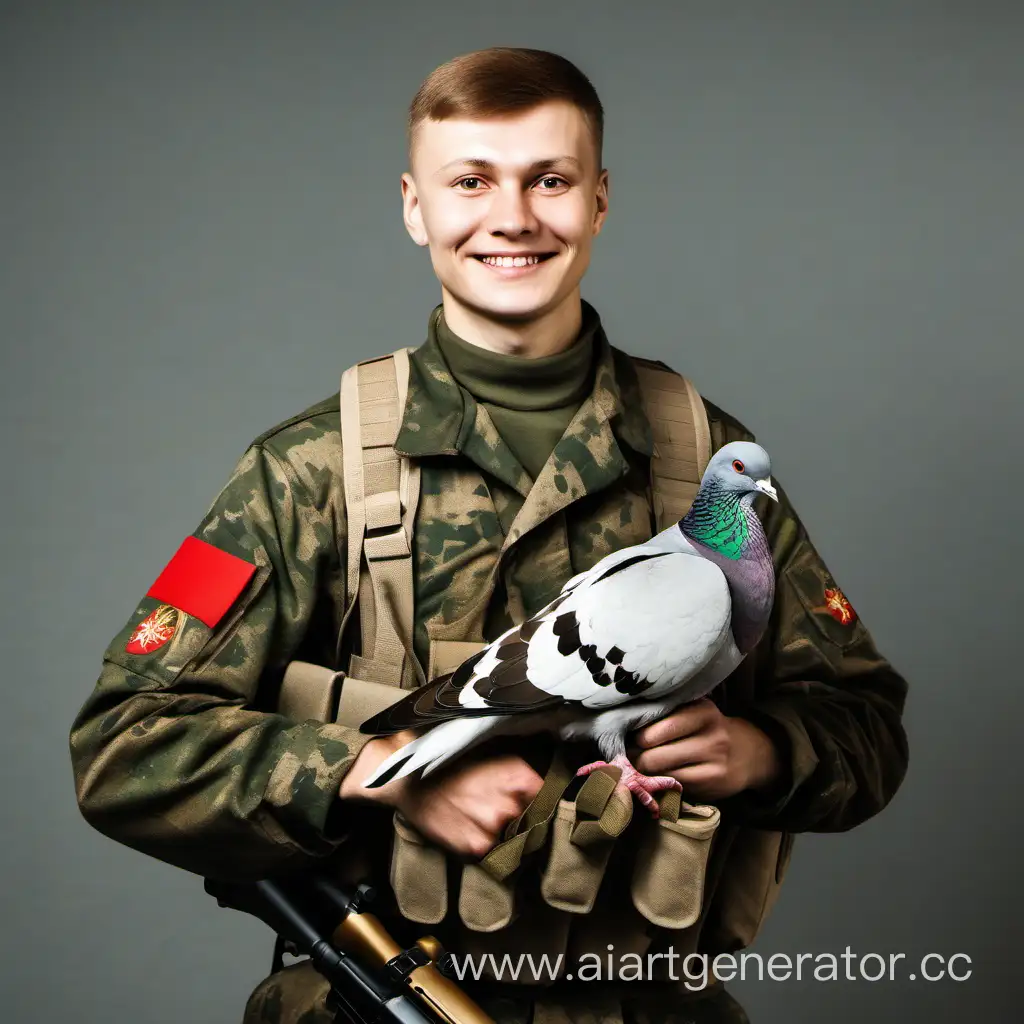 Русский военный в камуфляжной форме. Ра руке держит голубя. Слегка улыбается. На плече автомат. Портретное изображение. 