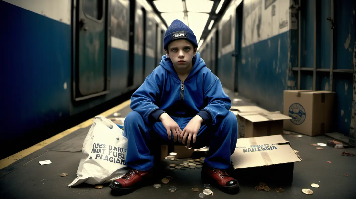 dark dirty 
High fashion. Many people in the background, ad plastics and rubish on the floor
Dark Wide shot.  A handsome looking confident 6 year old, fat. and junkie look with eye bags. Working as a  bicycle delivery driver.  with a big delivery bag. wearing dirty socks in a very BUSY, dirty new york, train station. concrete jungle. many people around. BLUE AND RED. He is sitting on many cardboard boxes that lay on the floor. He's begging for change,  one cardboard box is full of coins. and he has more coins.  Dressed in a full real Balenciaga pyjamas. same top pattern as the bottom part. We must see the logo on the clothes.
it should look like a film with a very dirty look.
Depth in the image
It should have a soft look, with grain from the film. 
shot on a 8 mm lens, fish eye effect. 
vintage camera with "Cooke" lenses.
Side light
It should fit the slogan "It's not about where you are, but what you wear" a high fashion shoot

We see depth in the image



