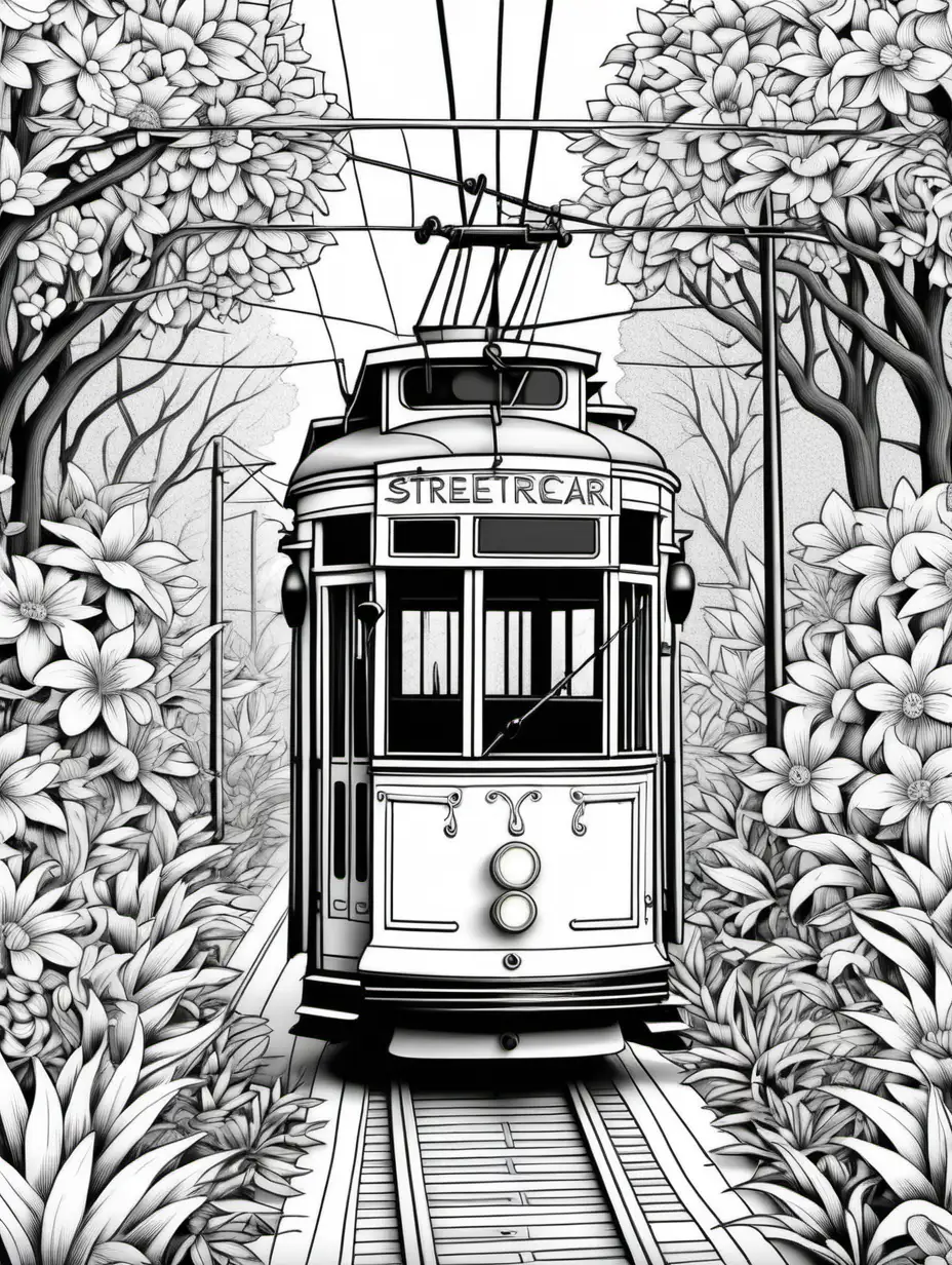 streetcar, coloring book page, floral doodle background, black and white, no shading, bold black lines, white background, crisp edges, full page, color by number