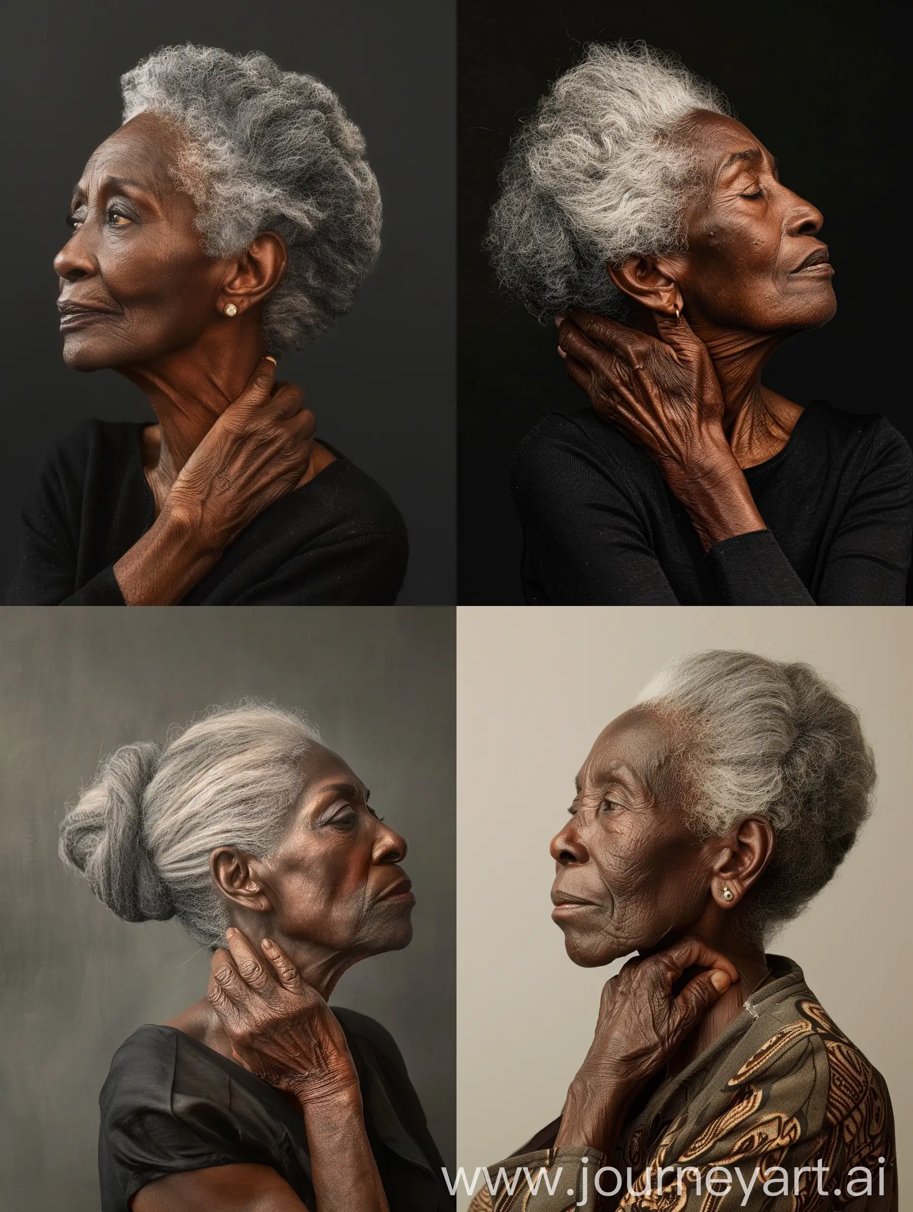 Generate an image of a 68-year-old African woman in a side profile portrait, gracefully holding her neck with a reflective expression. 