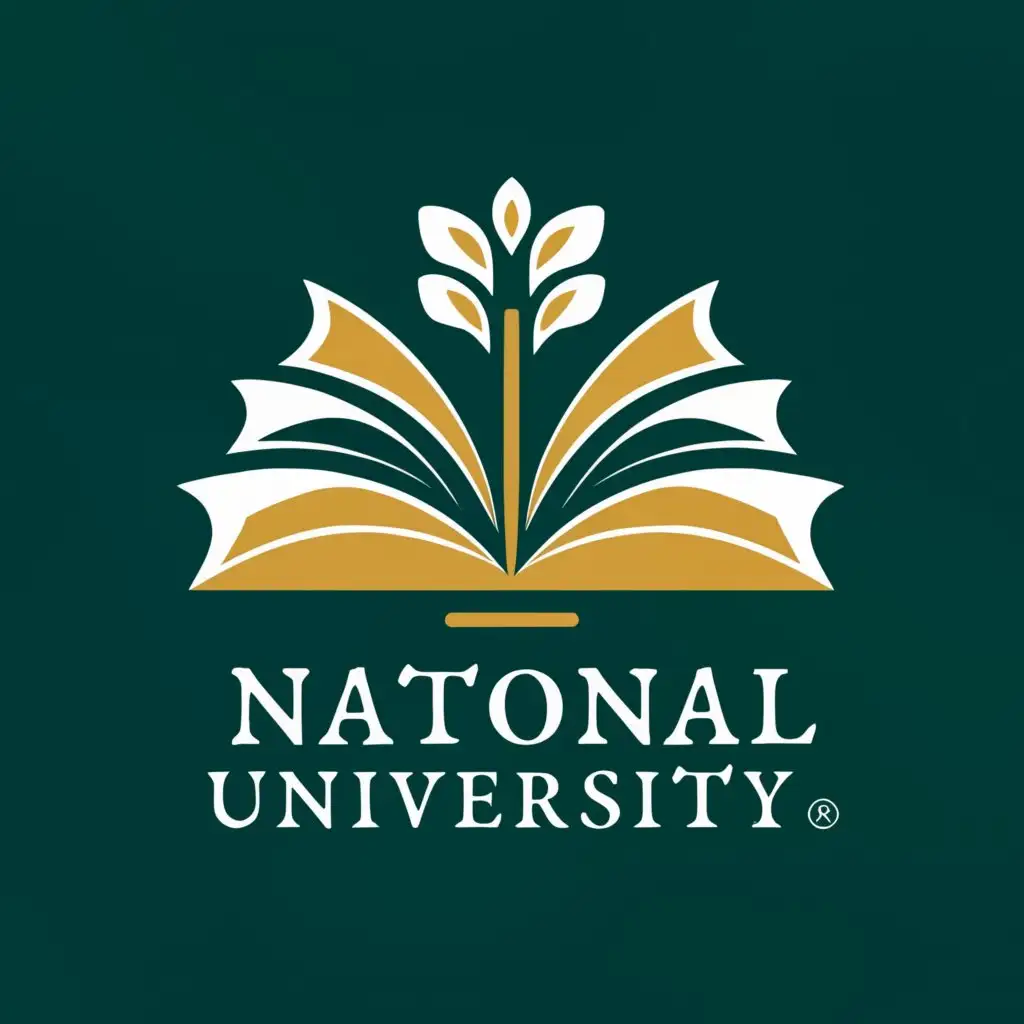 a logo design, with the text 'NU - National University', main symbol: The logo features a stylized open book with pages forming an arc, symbolizing limitless learning possibilities and an infinite loop of education. Integrated into the book is a spreading tree, representing growth and the diverse fields of study offered by the university. Deep blue represents wisdom, with accents of green for vitality and gold for excellence. 'National University' in a modern font surrounds the icon, promoting legibility. Optionally, a unity circle embodies collaboration and inclusivity. This design encapsulates the university's commitment to quality, innovation, collaboration, diversity, and access to education. Moderate, can be used in the Education industry, clear background. Color palette is gold and blue