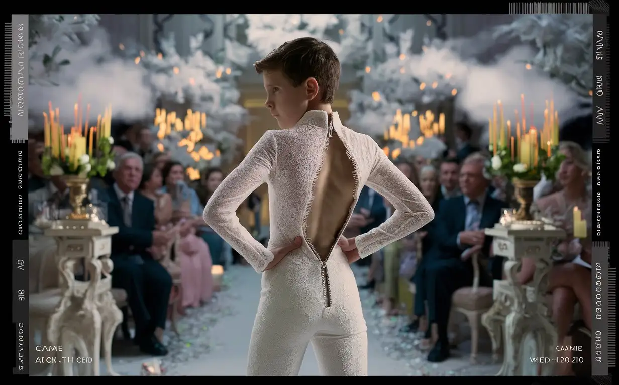 one skinny 15 year old boy in skin-tight white lace jumpsuit at wedding ceremony.  zip back.  full body view. 8k uhd, raytracing, volumetric fog, epic composition, dutch angle, accent lighting, film still, Agfa XT 125, 35 mm, Moviecam SuperAmerica, --chaos 20, --weird 1000