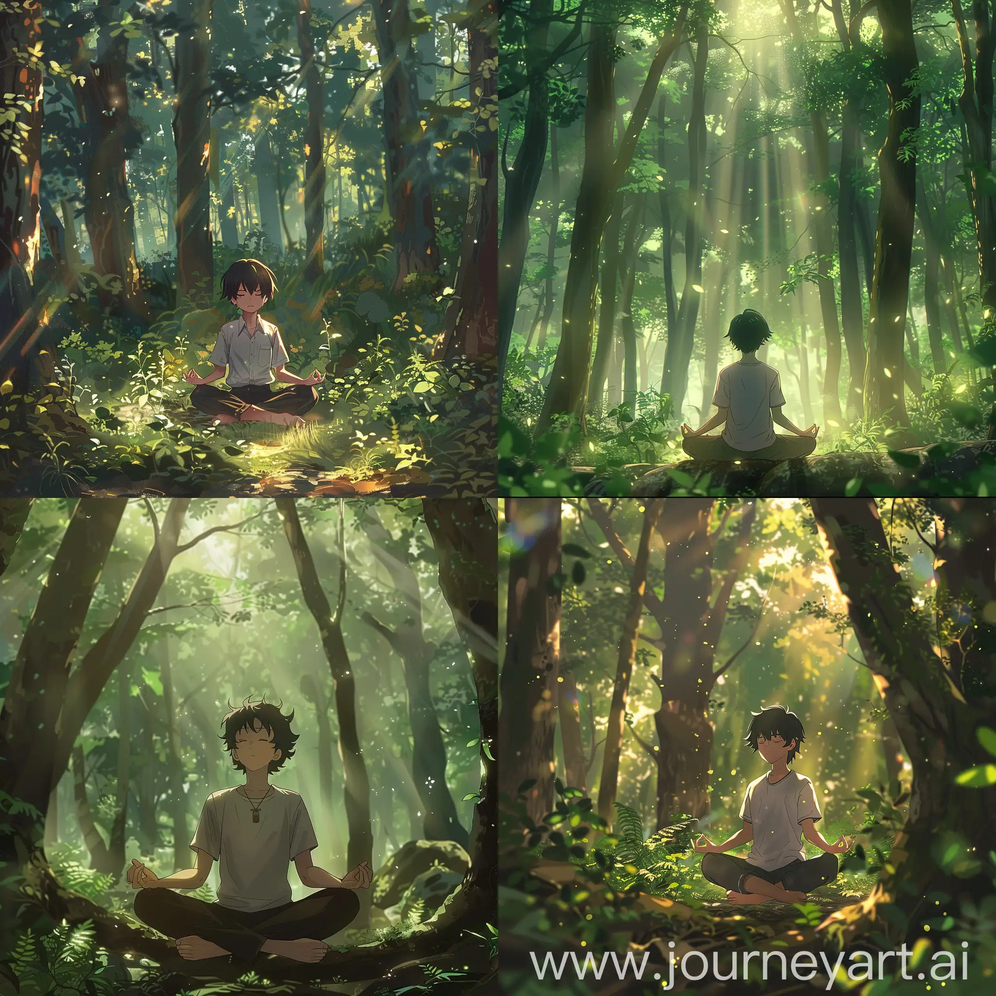 Amidst the serene forest, an anime boy finds tranquility through meditation, surrounded by the gentle whispers of nature and the dappled sunlight filtering through the