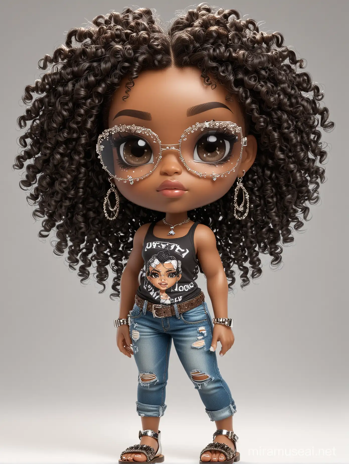 Create a expressionism art chibi image of a black female with shoulder length tightly curl afro, black silky and brown eyes. Long eye lashes wearing a torn jeans and tank top with diamond studded "pretty" on the front, sandals , plus size body style. Diamond studded glasses and hoop earrings forward facing, 2k, white background