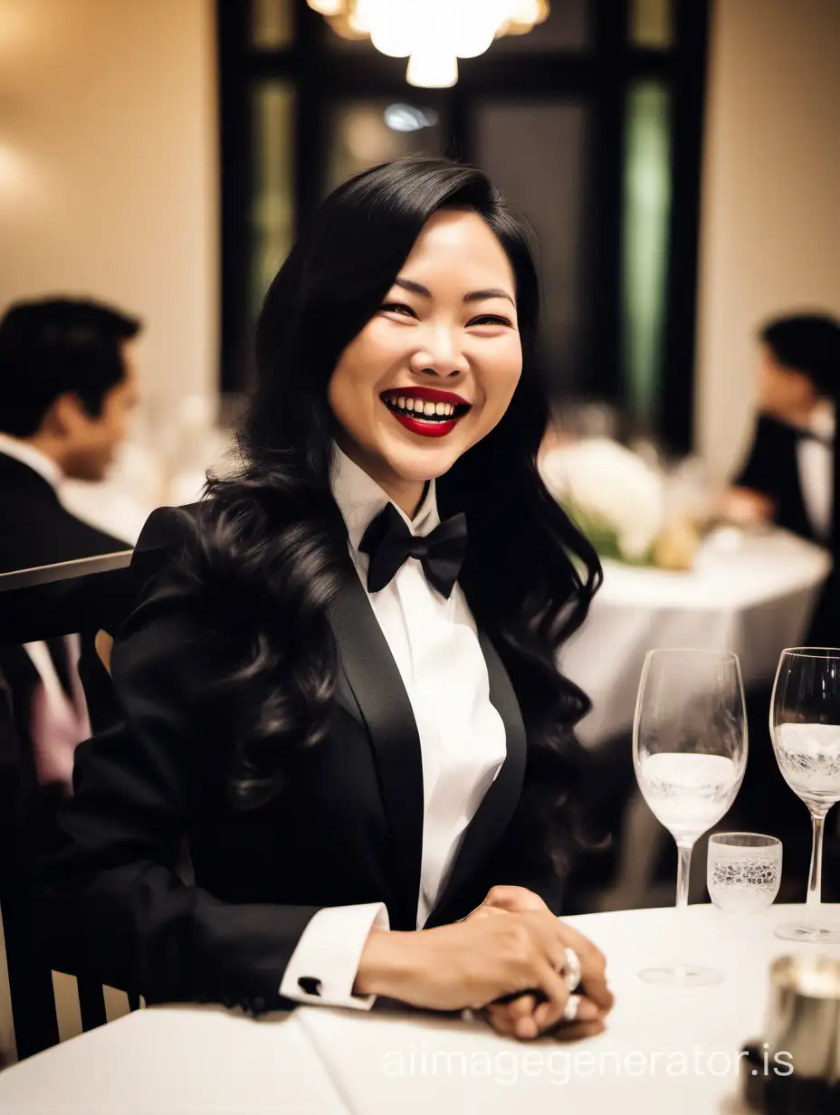 30 year old smiling and laughing Vietnamese lady with long black hair and lipstick wearing a tuxedo with a black bow tie and cufflinks. She is at a dinner table.
