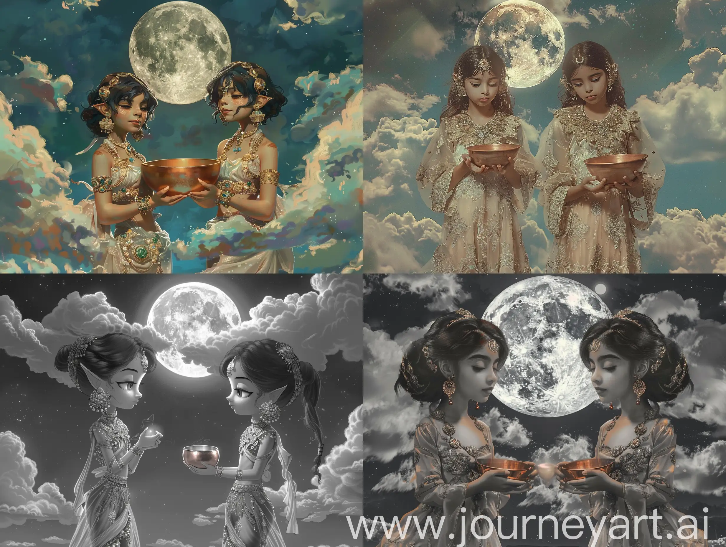 Enchanting-Twin-Princesses-Under-Moonlight-with-a-Copper-Bowl