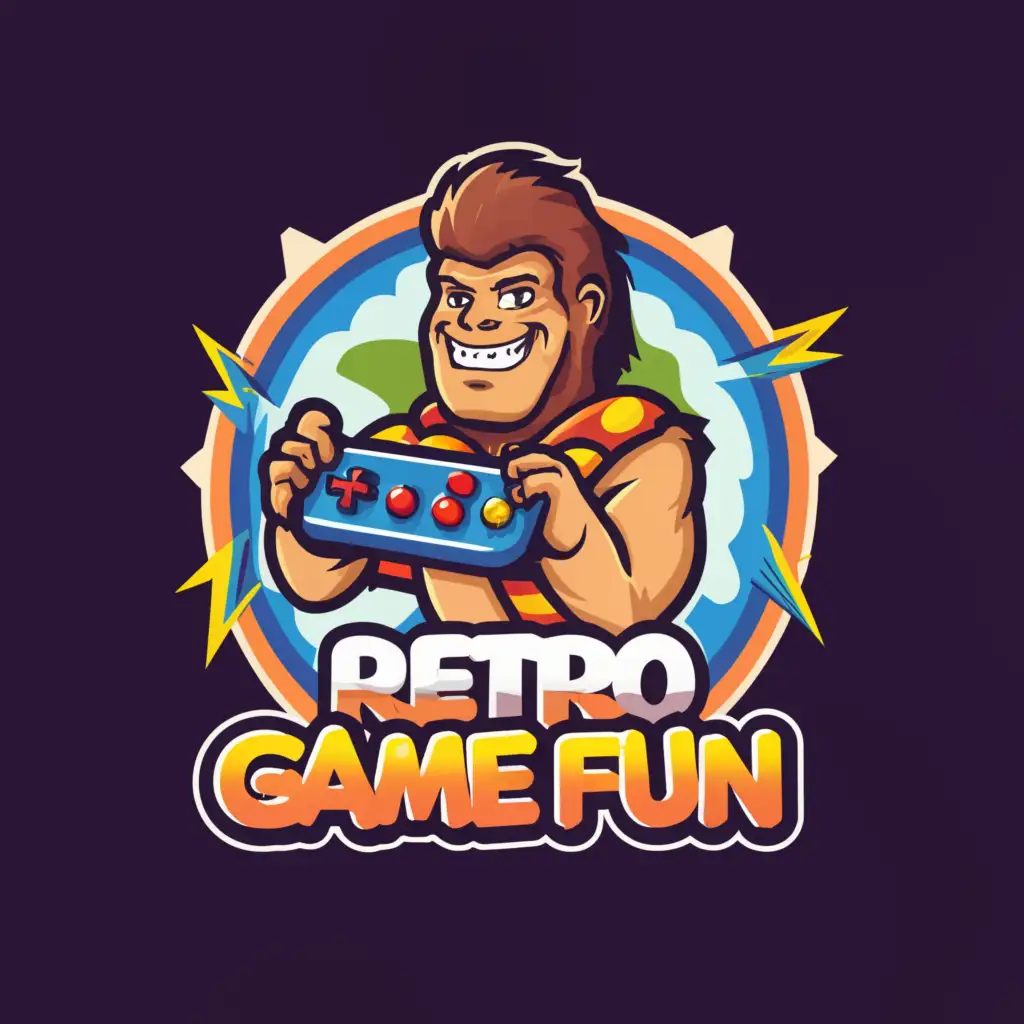 a logo design,with the text "Retro Game Fun", main symbol:caveman on a video game,Moderate,clear background