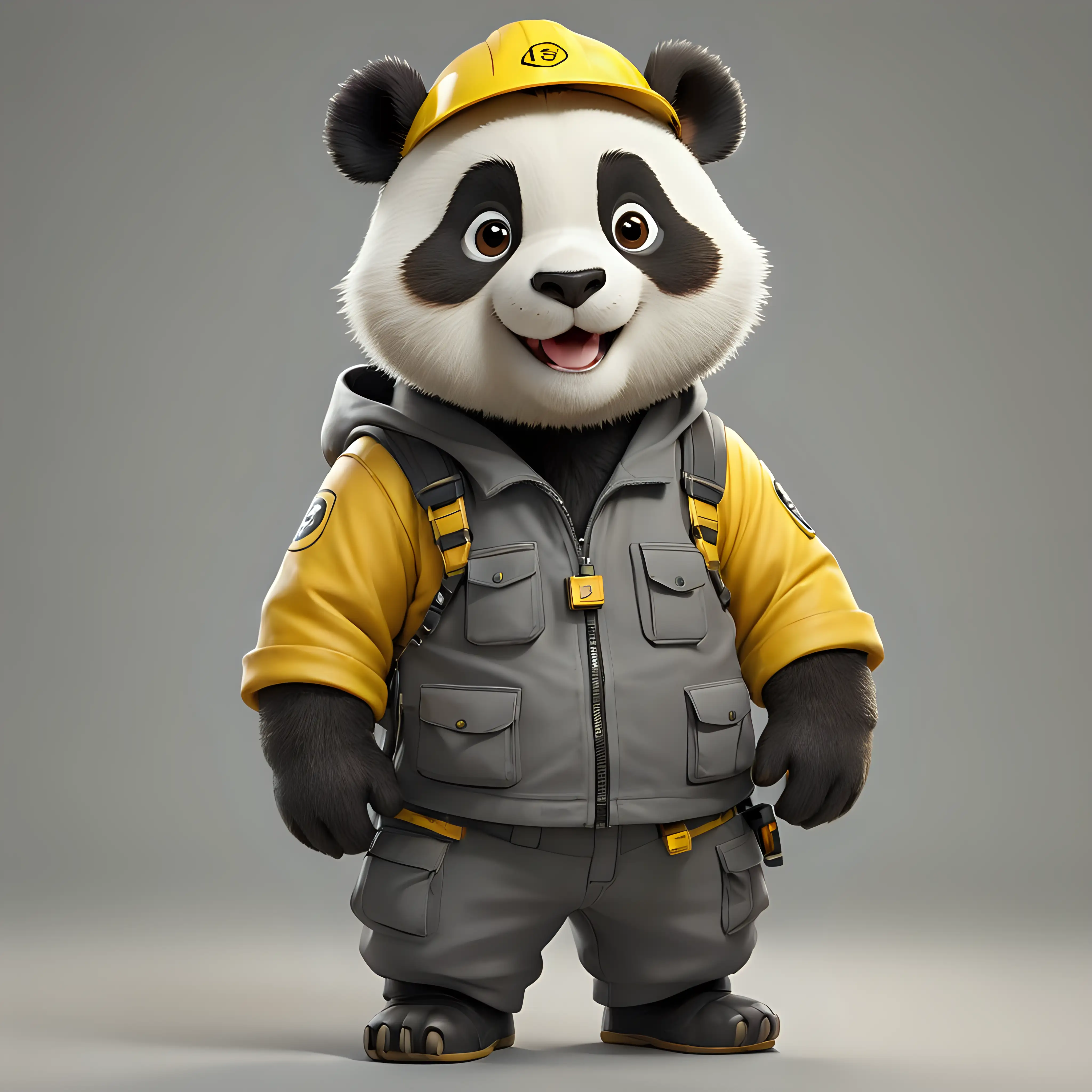 a happy cute panda in cartoon style in full body with Engineer clothes with yellow helmet with clear background