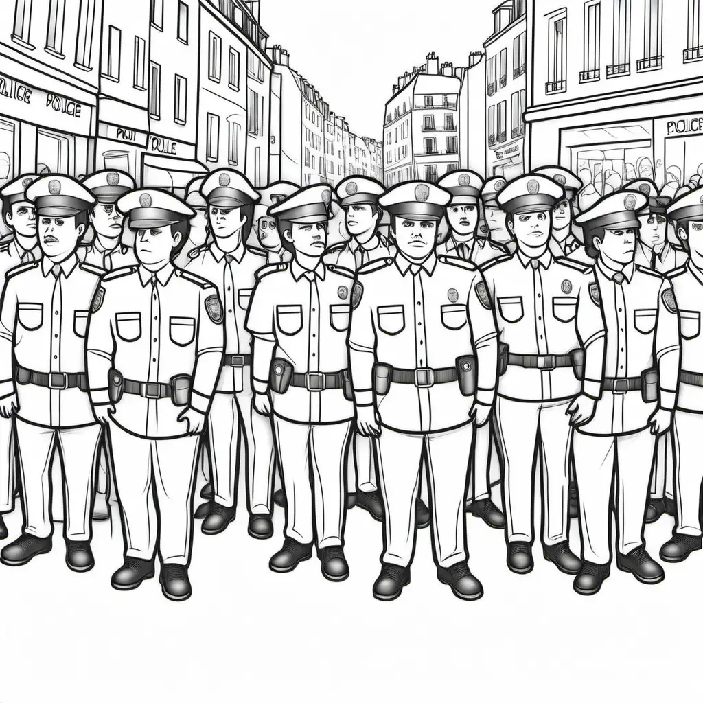 Police officers I France looking at protestors, Coloring Page, black and white, line art, white background, Simplicity, Ample White Space. The background of the coloring page is plain white to make it easy for young children to color within the lines. The outlines of all the subjects are easy to distinguish, making it simple for kids to color without too much difficulty