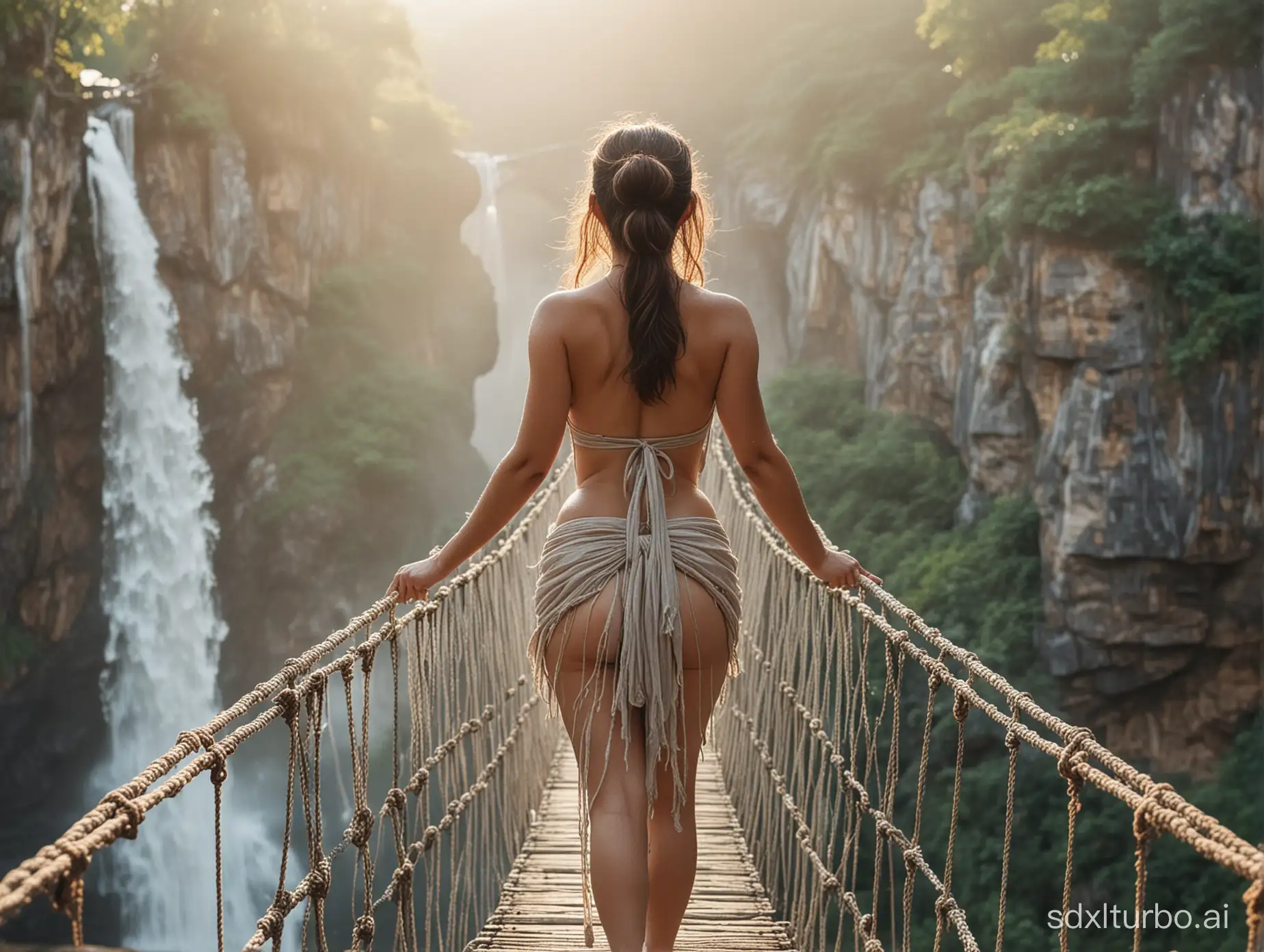 Back of 40 years old filipina lady walking on extremely long  old rope suspension bridge high above waterfalls. morning mist. Sunrise, sun rays. Wearing unbuttoned open loincloth. Revealing. Profusely sweating. Completely Wet. Headband. Medieval time. Film grain, soft lighting. Bokeh. Fat Legs. Freckles skin. Small flat breasts. Hair tied. Full body. Naked hips. Deep V cut. Seducing face. Sexy. Artistic photo from behind. 