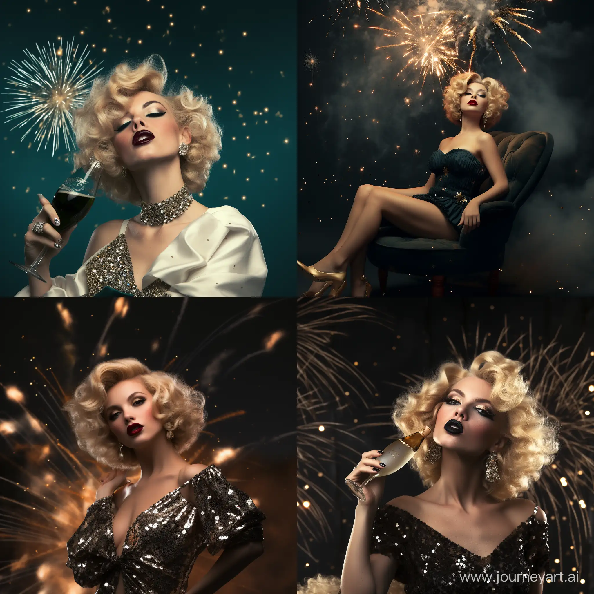 Create Marilyn Monroe with end of year outfit, champagne, fireworks, indie, retro, happy, real, photorealistic 