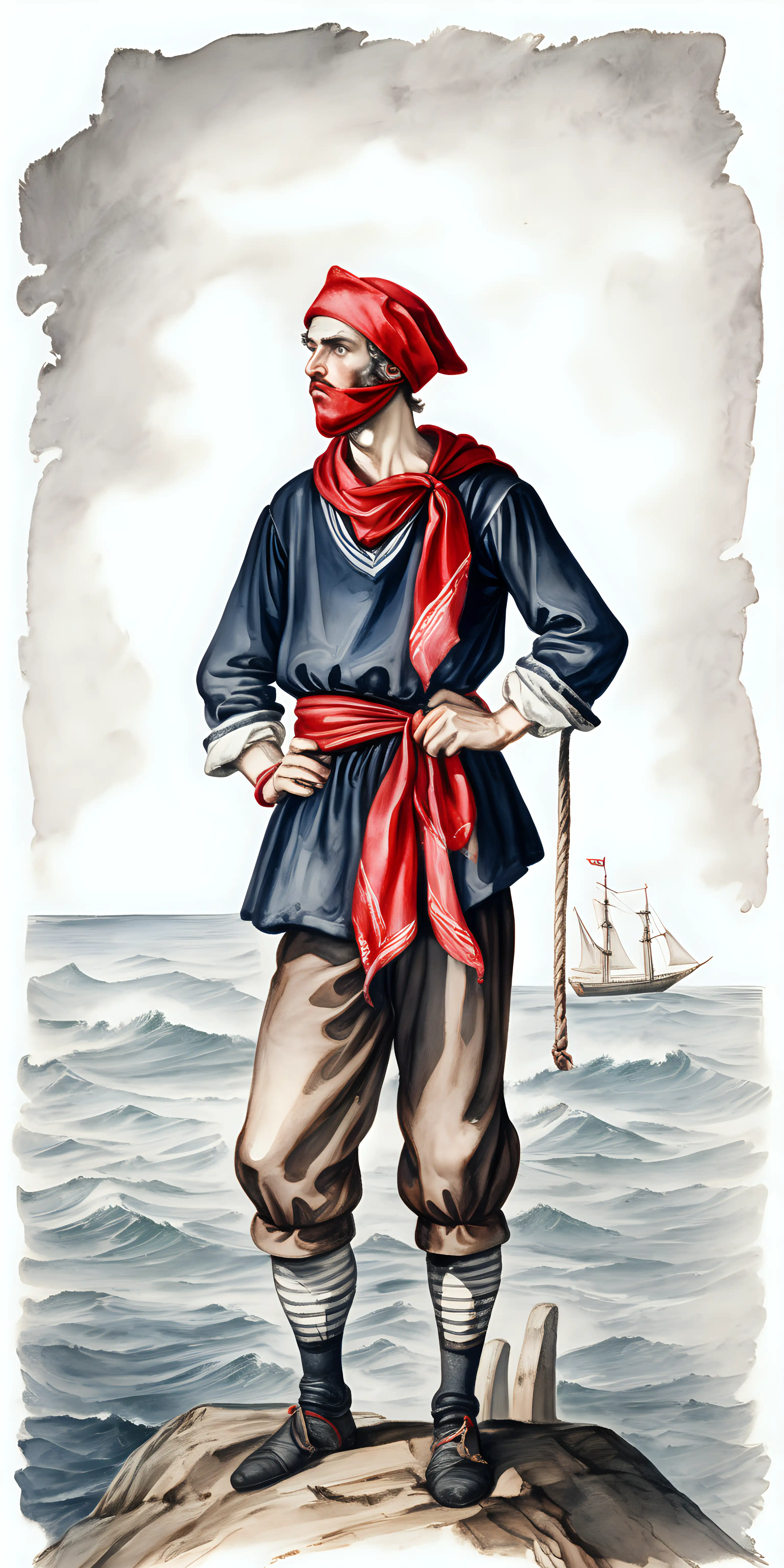 full view of medieval male sailor with red bandana tied around head keeping lookout, dark watercolor drawing, no background