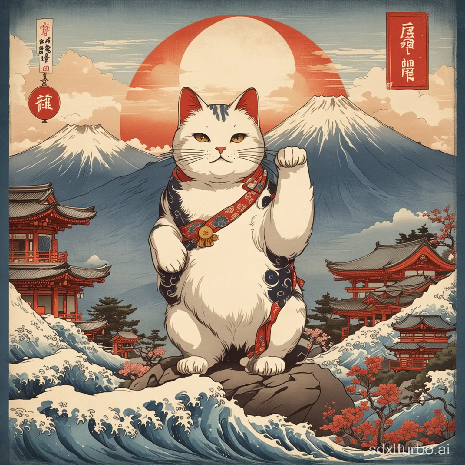 Retro Japanese postcard in Ukiyo-e style showing a Lucky Cat standing on Mount Fuji, vintage colors including dark blue and red tones with Ukiyo-e waves on a white background, very detailed artwork.