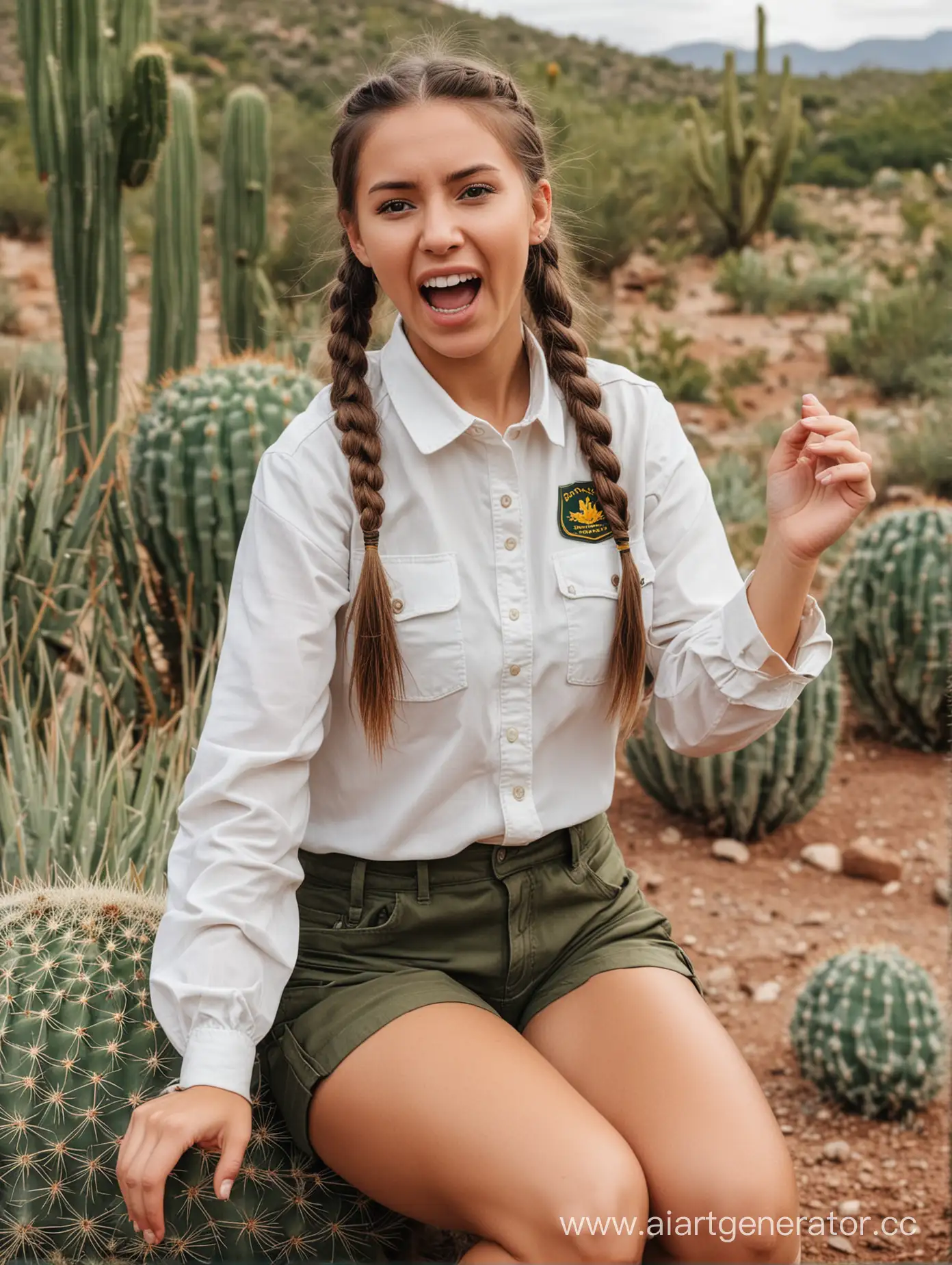 Indigenous-Girl-in-Park-Ranger-Attire-Sitting-on-Cactus-and-Screaming