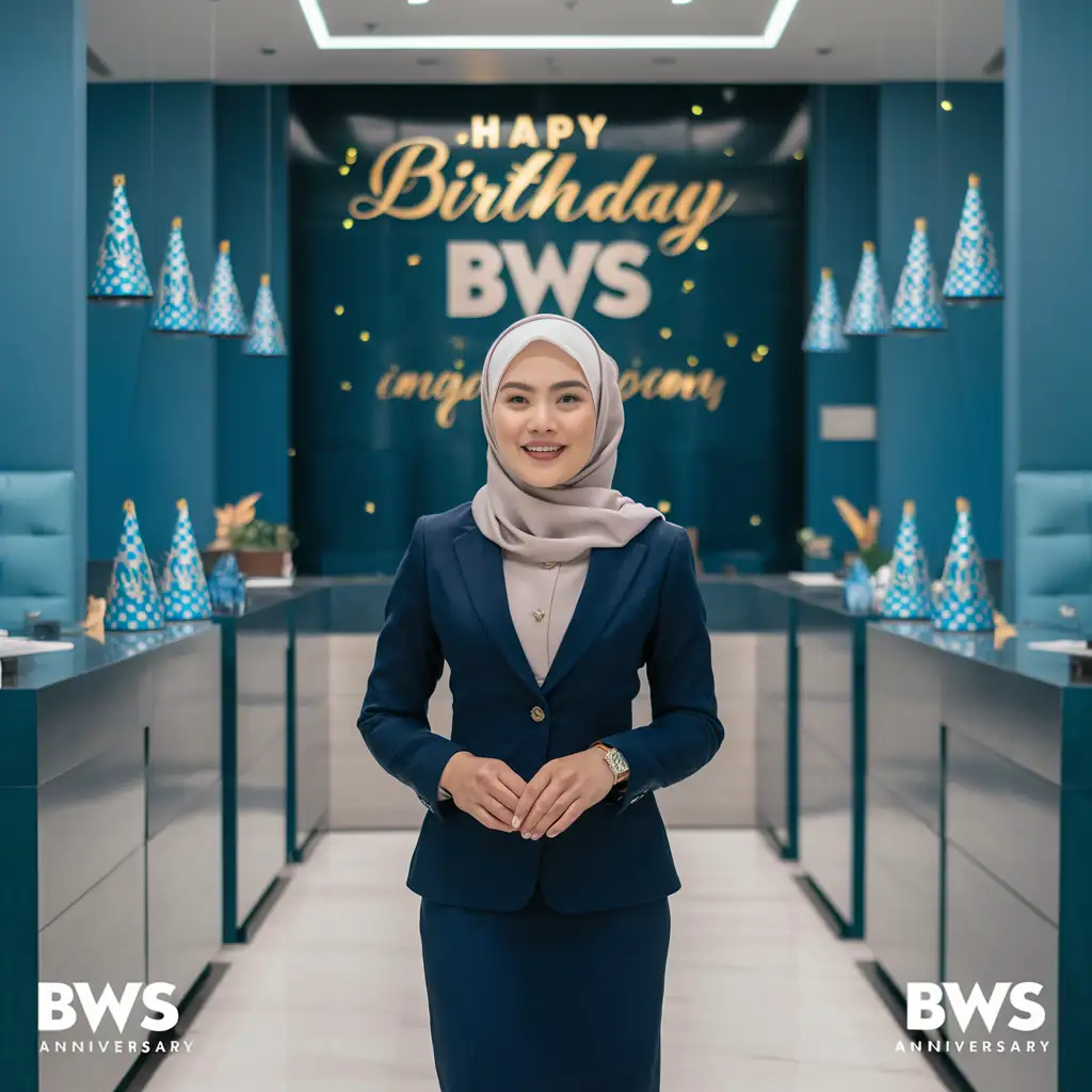 create a realistic photo, an Indonesian woman wearing a hijab, wearing an office look, is in the banking hall area with shades of blue and birthday decorations, there is writing on the wall "BWS Anniversary", focus, 8k