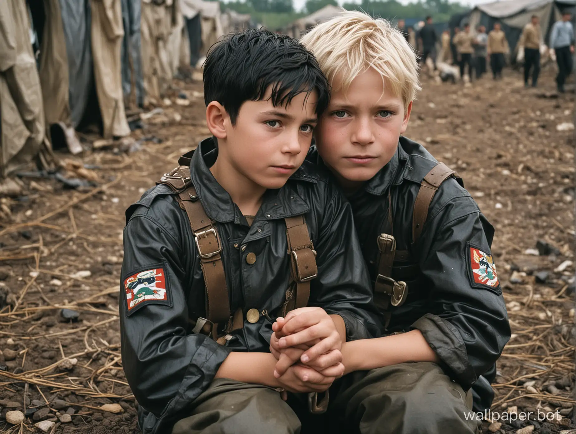 Two young boys, one blond and the other with jet-black hair, huddled together in a makeshift bed in a field camp. They are wearing the same uniform made of tight-fitting latex, adorned with leather straps and buckles. The blond-haired boy, who appears to be of a younger age, has a mischievous grin on his face as he playfully tugs on one of the straps on his uniform. In contrast, the black-haired boy looks more serious and seems to be lost in thought. The background shows the makeshift tents and other prisoners of war in similar conditions, giving an eerie feeling of isolation and despair. Despite their circumstances, there is an underlying current of hope and resilience in their embrace, suggesting that even in the darkest of times, human connection can offer a glimmer of light.