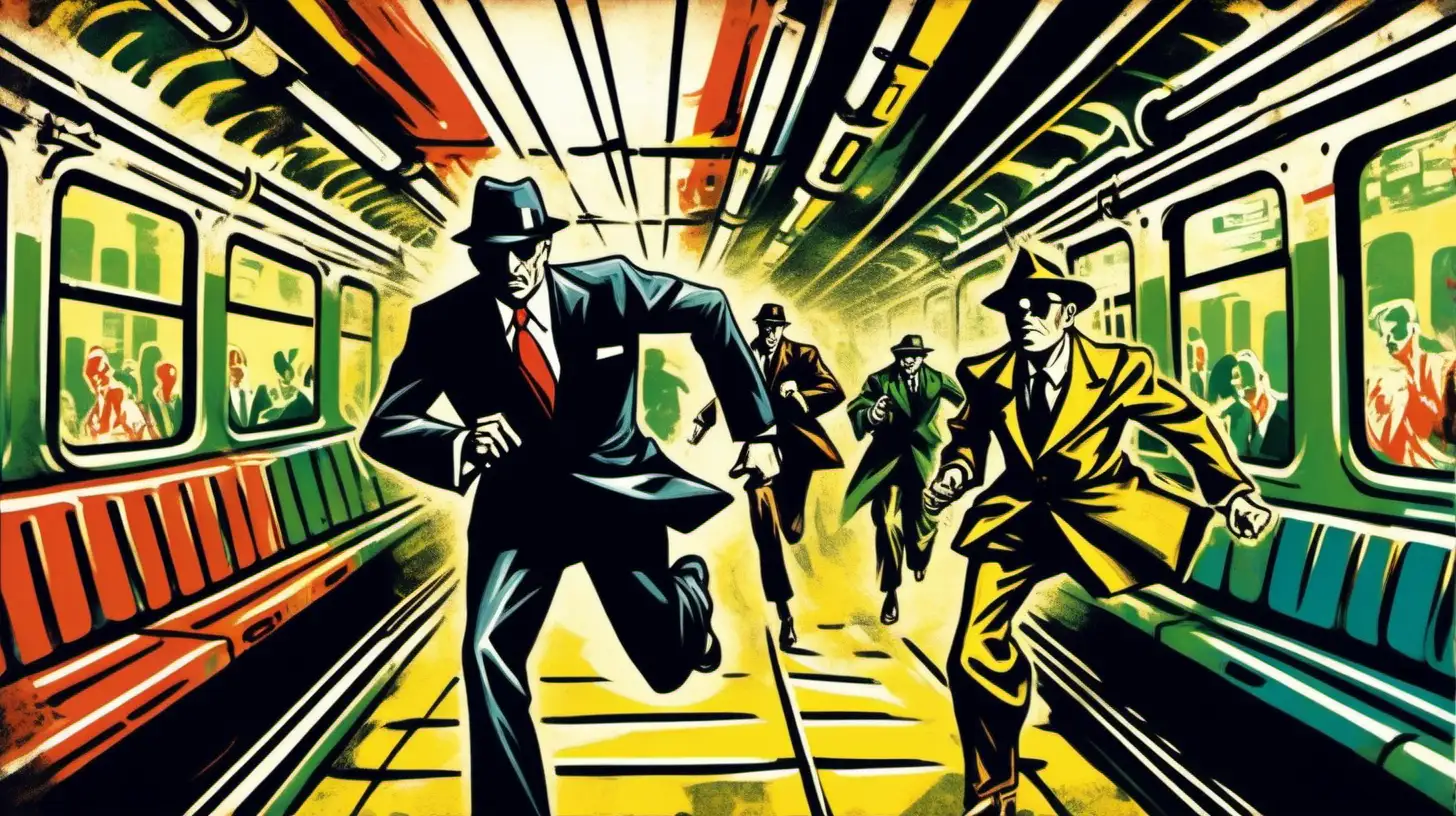 Image of an international spy chasing a villain, circa 1940, running along a subway, colorful, neo-expressionism style