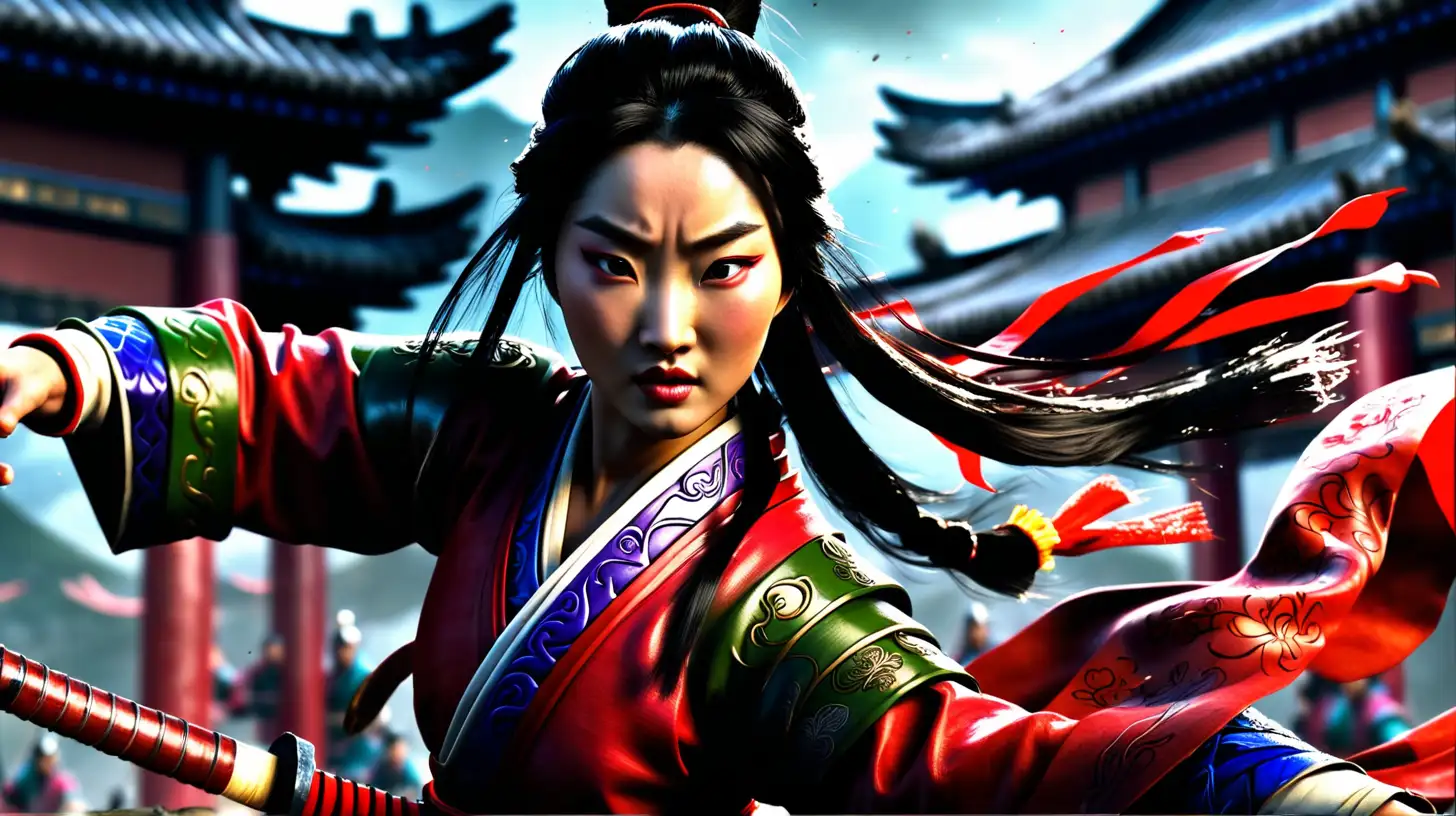 create a beautiful Hua Mulan:, action, fierce battle , cinematic format, 