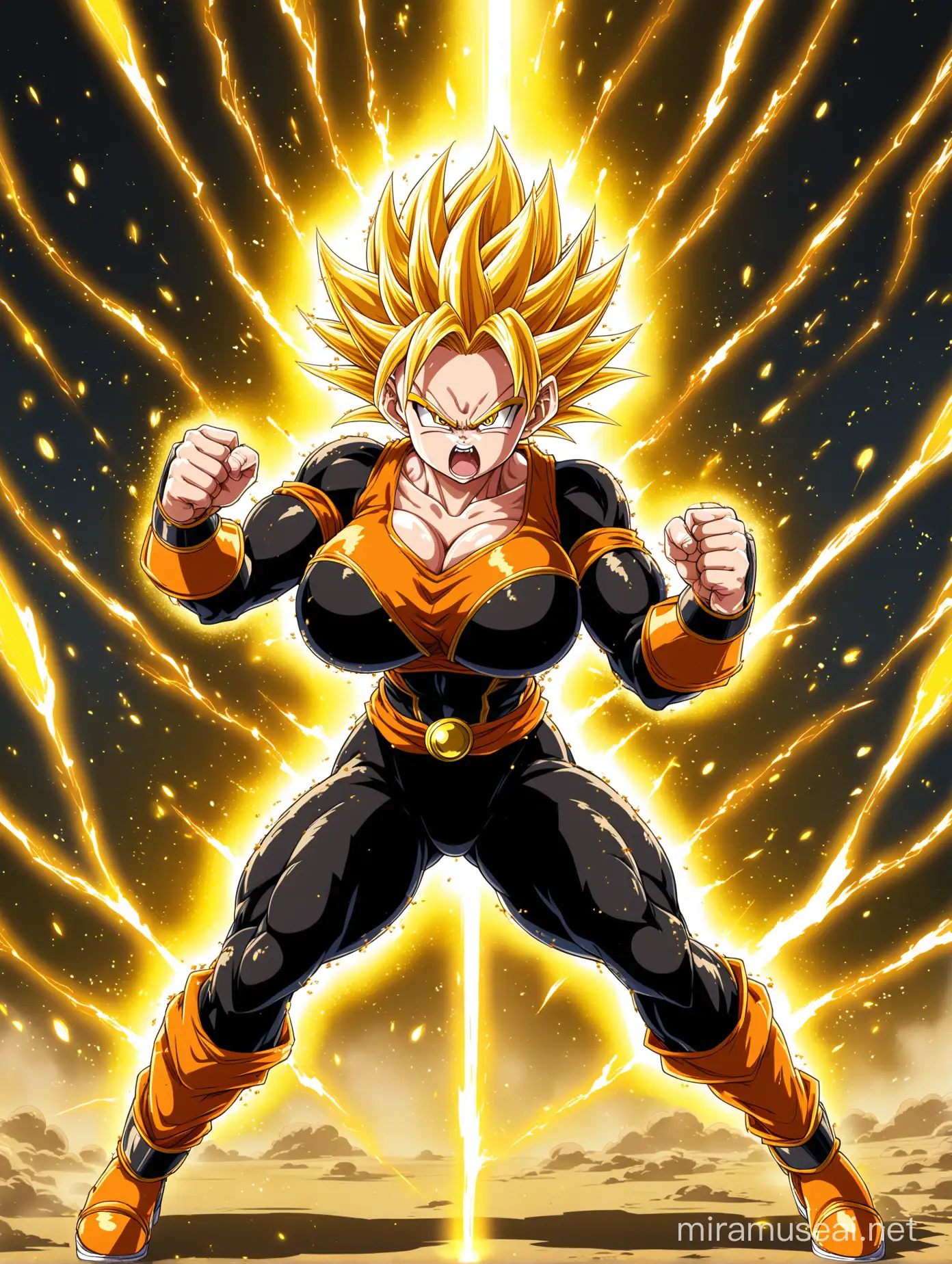 a female saiyan, black suit with orange edges, angry, golden hair, monkey tail, yellow power aura, power particles, dragon ball z, full body, huge breasts, strong legs, fighting stance.
