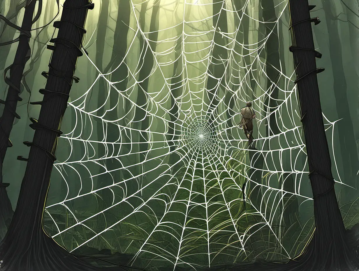 giant spiderwebs, trapped fantasy adventurer, forest, day