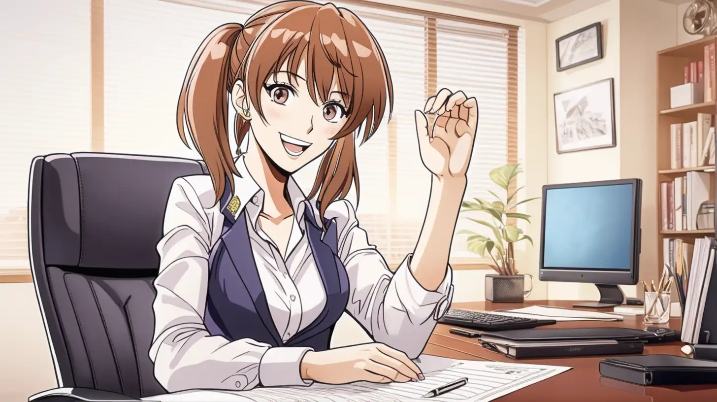 in anime style, an image of successful happy woman in her beautiful executive office