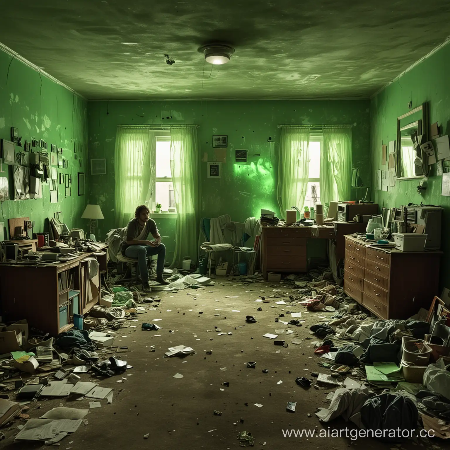 нарисуй комнату с грязно-зеленым освещением, по всей комнате хлам, а по середине на полу сидит человек 



