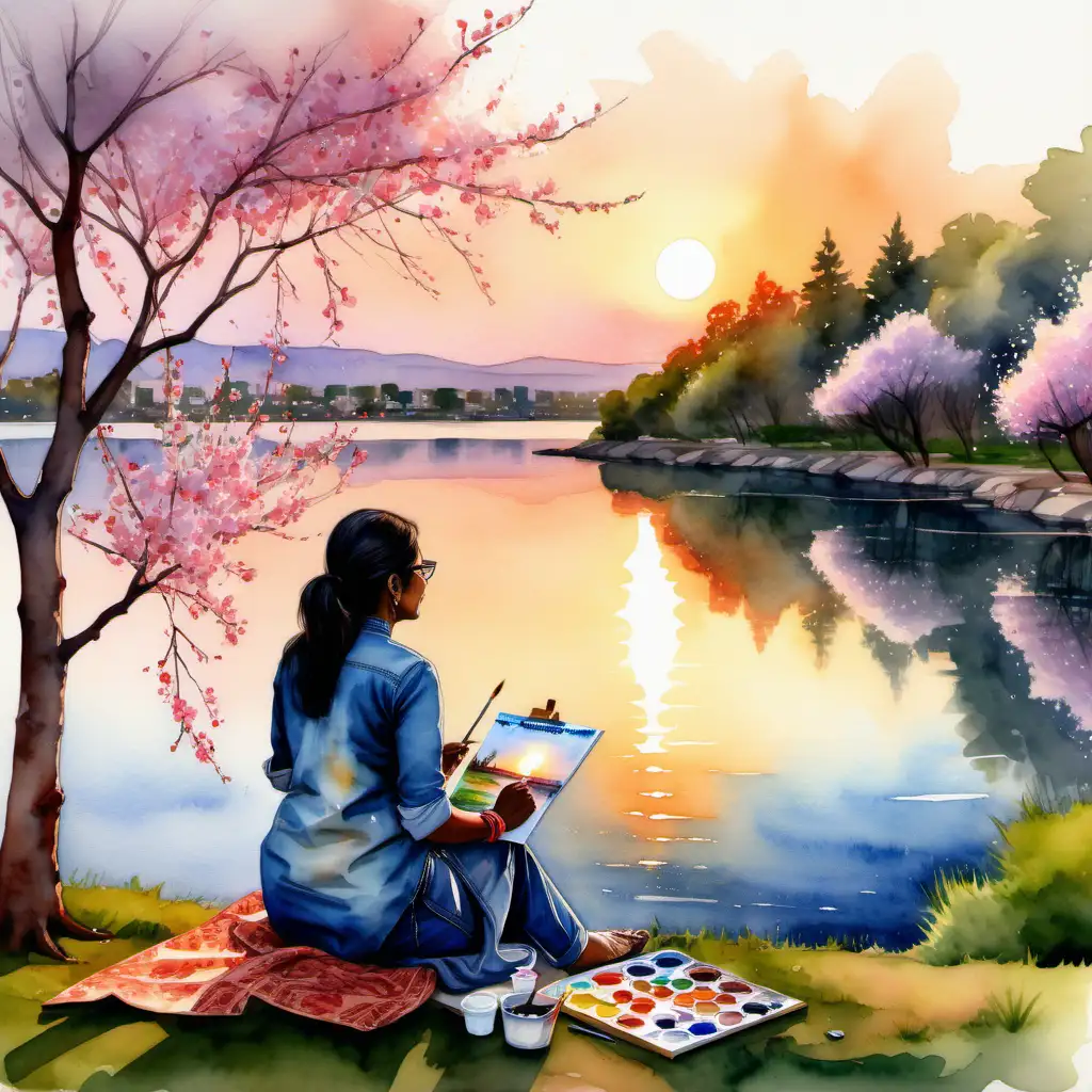 Indian Woman Painting Sunset by the Lake at 40 Watercolor Art