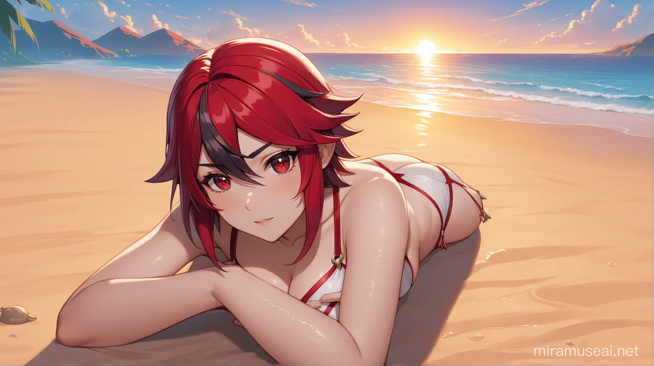 Rosaria  character from Genshin Impact is  on four in sujud in the beach in tiny white wet bikini's sunset laying on the sand sideview bra string open looks straight to camera
