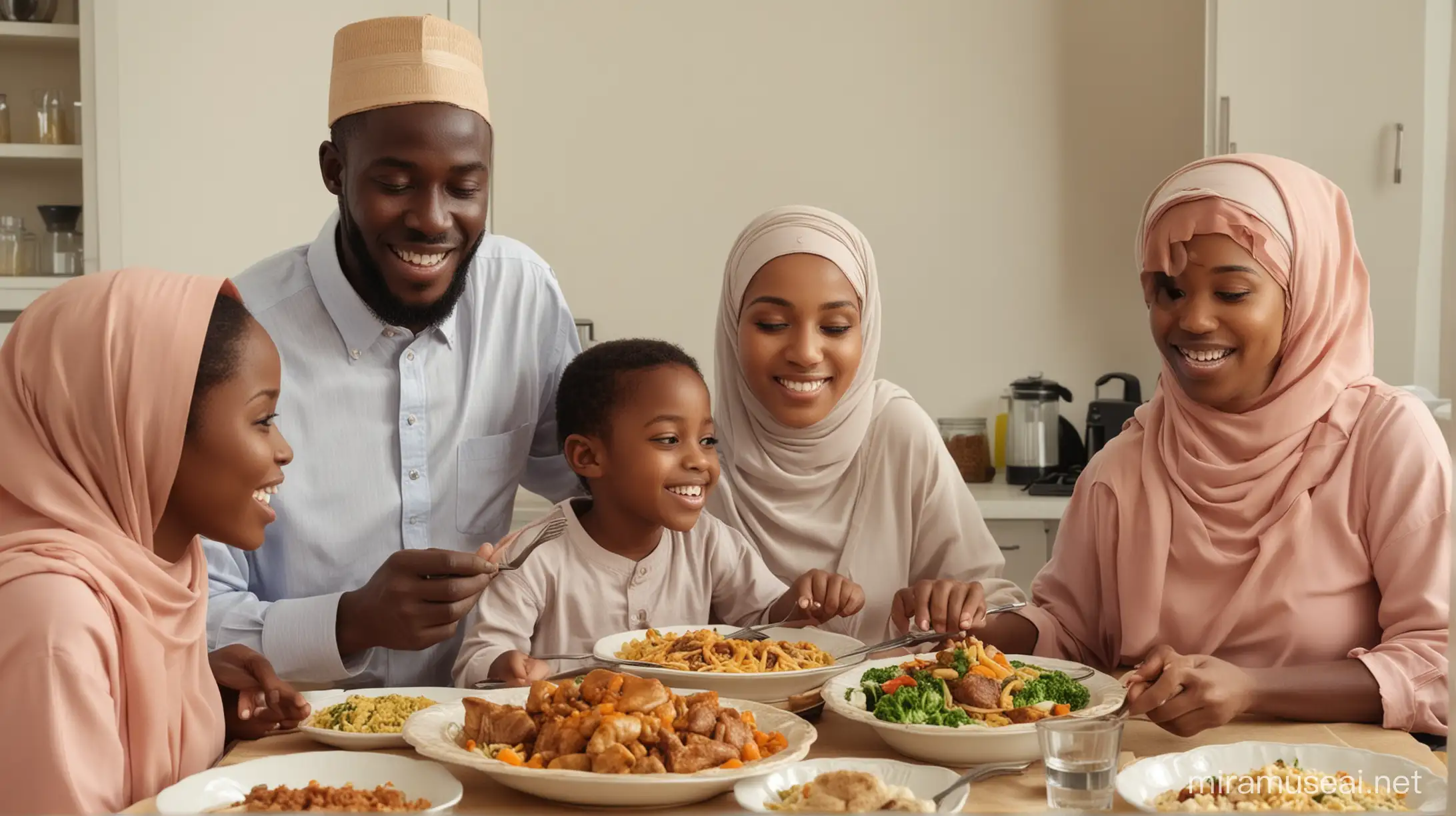African muslim family enjoying homecooked meal 